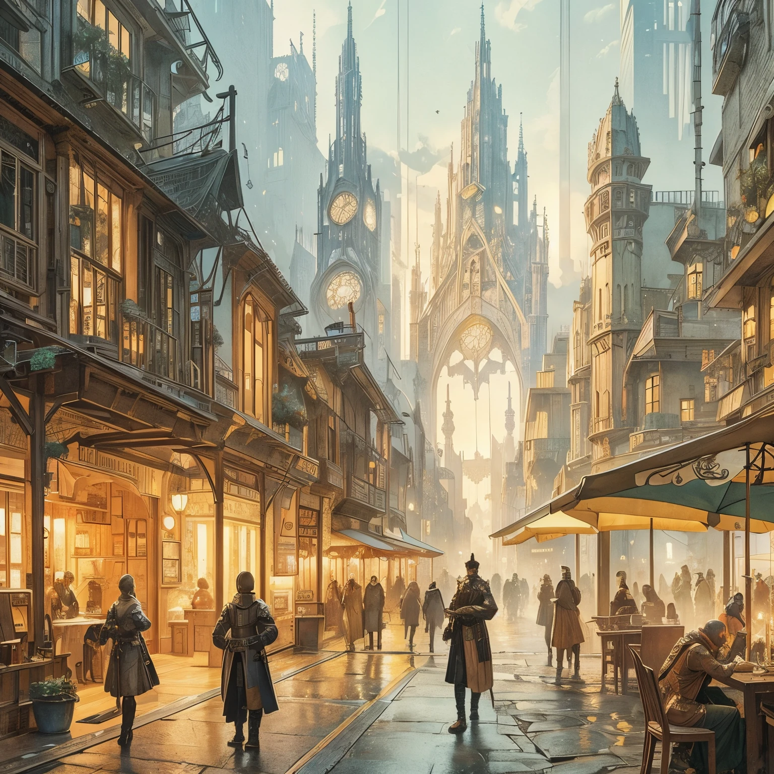 a depiction of life in a much more modern world city, themed sci-fi gothic renaissance cyber steampunk, light and airy as Carl Larsson's compositions, high detailed, unblurry, realistic, trending on pinterest behance ArtStation