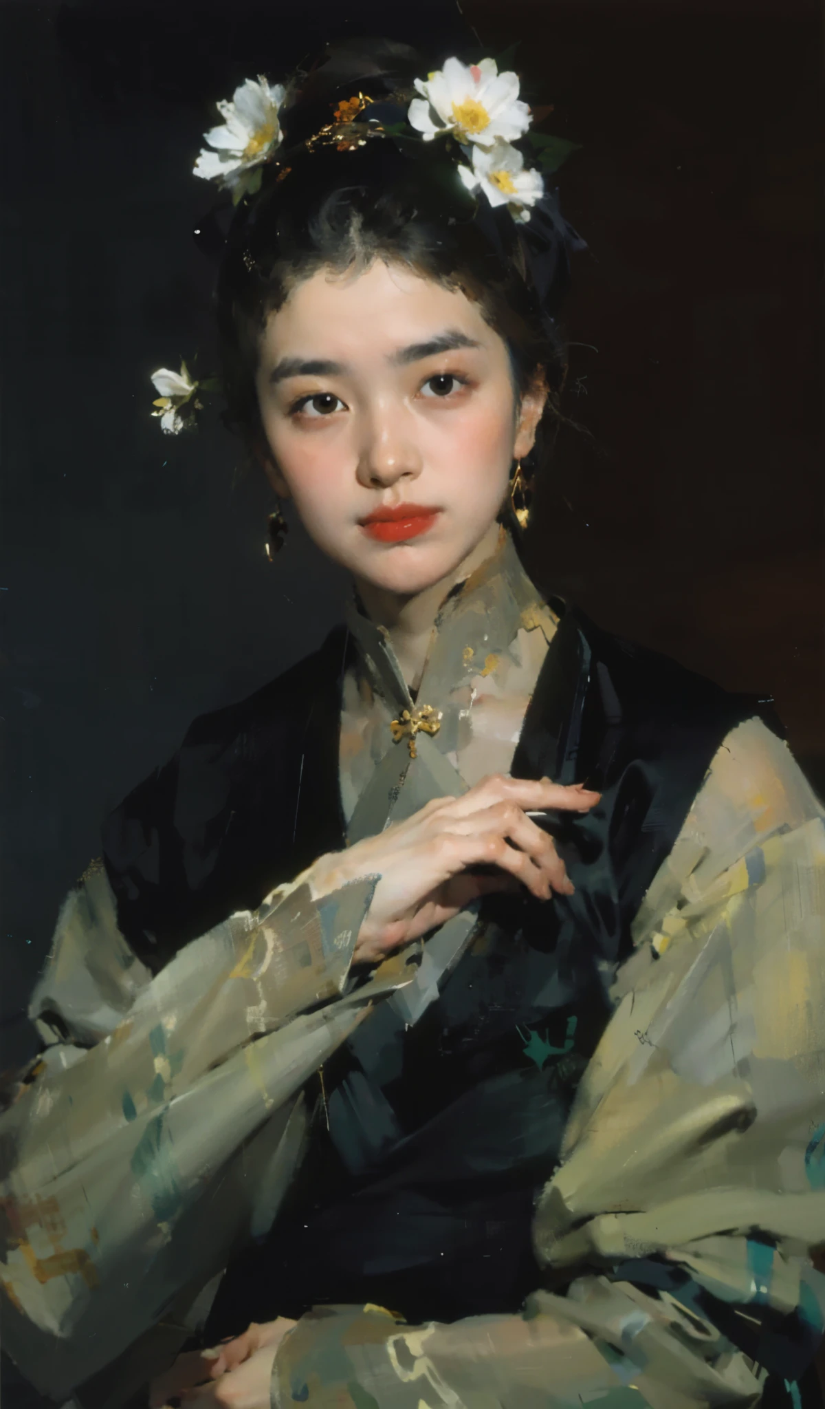 best quality，masterpiece，（painting：1.5），Pan head，hair tied up，Japanese women&#39;s hairstyle，Exquisite facial features，delicate and thin eyebrows，eyebrows are very thin，Small mouth，Little mouth，small lips，Headgear，Pan head，hair tied up，Japanese women&#39;s hairstyle，asian woman，Ancient Chinese woman，（Amy Sole：0.248），（Stanley Ategg Liu：0.106），（a detailed painting：0.353），（文艺复兴古典painting风格：0.8）