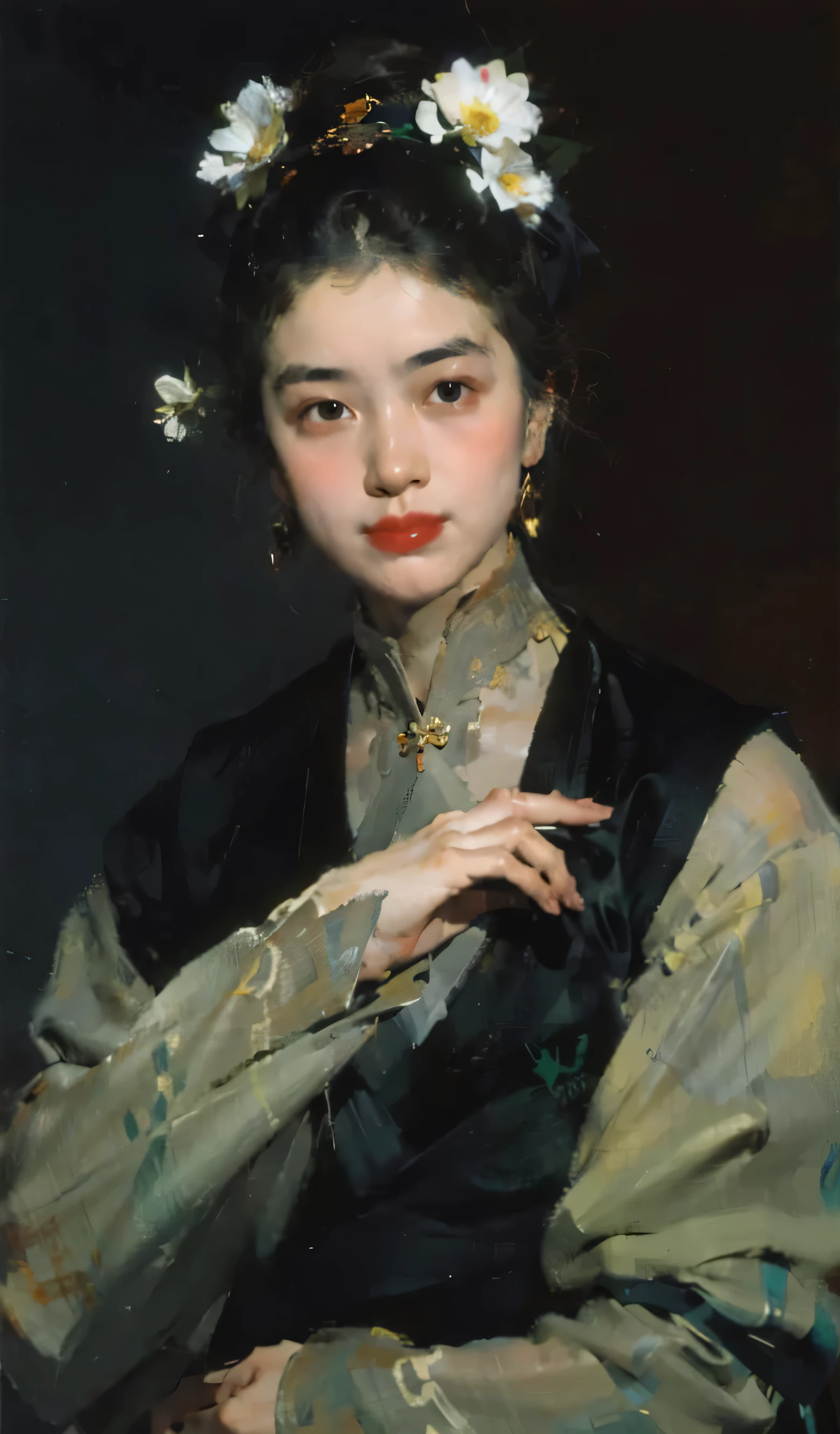 best quality，masterpiece，（painting：1.5），Pan head，hair tied up，japanese women&#39;hairstyle，Exquisite facial features，Eyebrows are thin and thin，eyebrows are very thin，small mouth巴，small mouth，small mouth唇，hat，Pan head，hair tied up，japanese women&#39;hairstyle，asian woman，ancient chinese woman，（Amy Saul：0.248），（Stanley Ategg Liu：0.106），（a detailed painting：0.353），（文艺复兴古典painting风格：0.8）