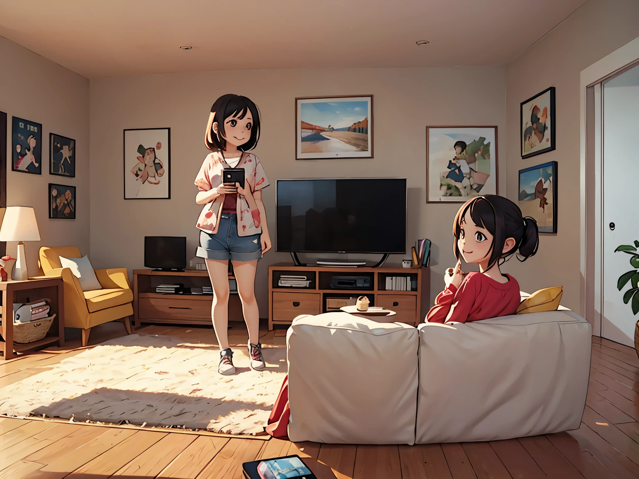 可爱的小女孩在看television，Mom stood by，living room，television，sofa，remote control，Smile，Pixar style, best quality, stills,