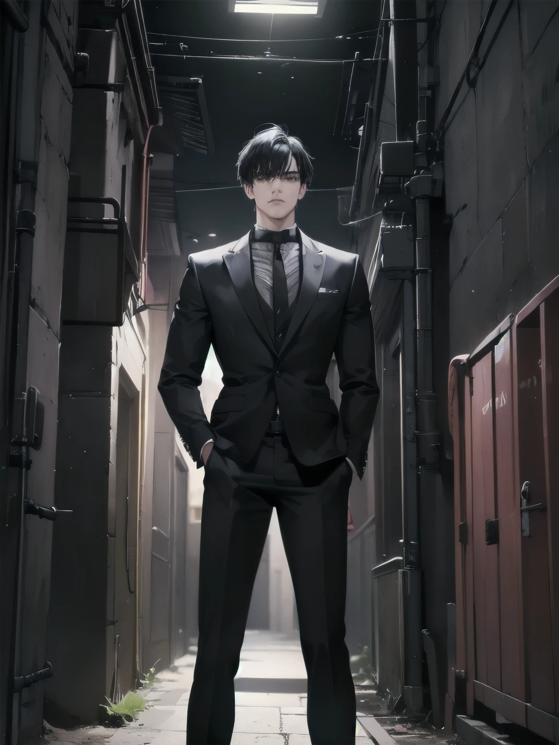 (((A Man))) black hair, middle parted hair , black eyes, black suit, long black pants, badass, cool, gentle, standing in a dark alley, night.