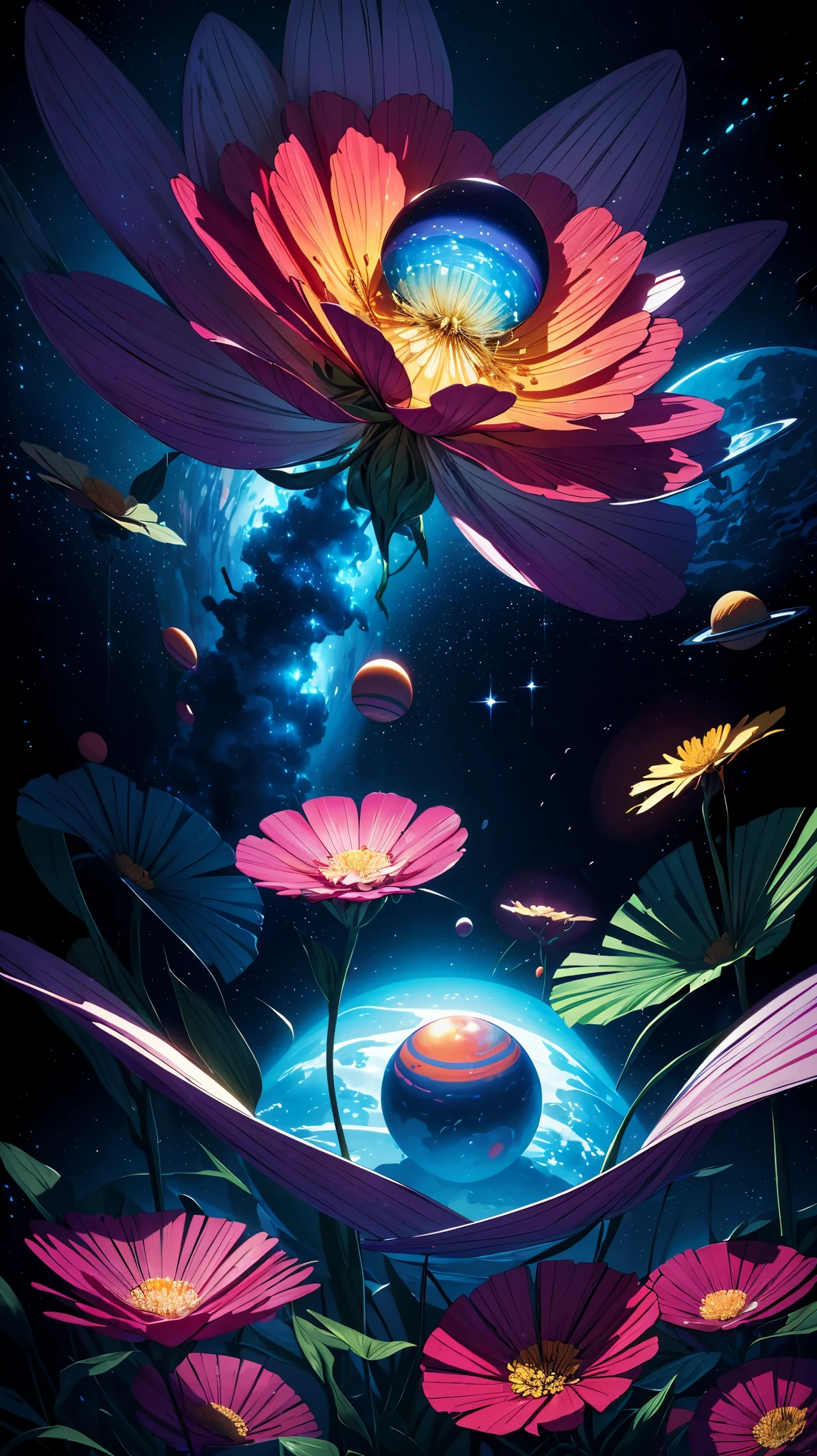 (8k, RAW photo, highest quality, masterpiece:1.2), high definition poster art design, psychedelic illustration, ((outer spaceに広がる幻想的花畑, Colorful flowers and falling petals, background planet,)), Background Space Graphic Art, Space Illustration, outer space, space poster art, distorted space scene, Spiritual world, exciting and seductive, poetic and romantic, Emphasis on individuality and uniqueness, Space style, psychedelic space horror, outer space, Plant growing, Psychotic universe,poster design