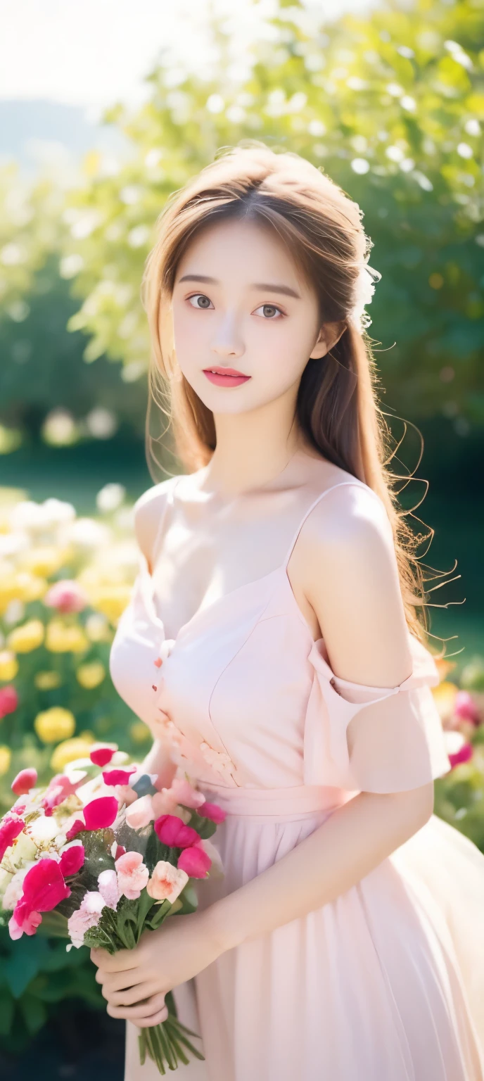 18-year-old girl，Beautiful looks，garden，bouquet of flowers，dream，pink tone，Short strappy floral dress，spaghetti straps，Off the shoulders，Snow-white chest