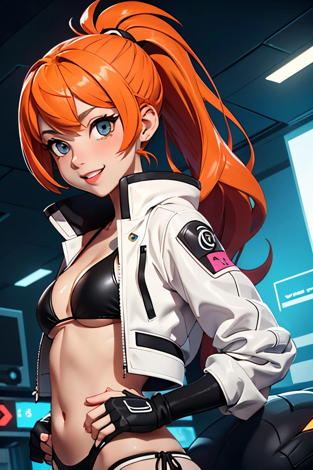 Draw a manga-style character with a physical appearance with this form of the hair Orange with black highlights, tied into two ponytails shaped like jaws, similar to Mawile from Pokémon, Eyes Pink, bright, and expressive and Build Slim and athletic, Attire Upper Body White leather jacket with cyberpunk details, such as integrated LED lights or futuristic lines, Lower Body Sporty bikini in orange, white, and black colors, blending with the cyberpunk style while allowing freedom of movement for physical activities, Personality Creative and curious Always seeking new experiences and forms of expression, Her creative mind drives her to constantly explore new ideas and concepts,glow bikini suggestive, white skin girl,smile coquette