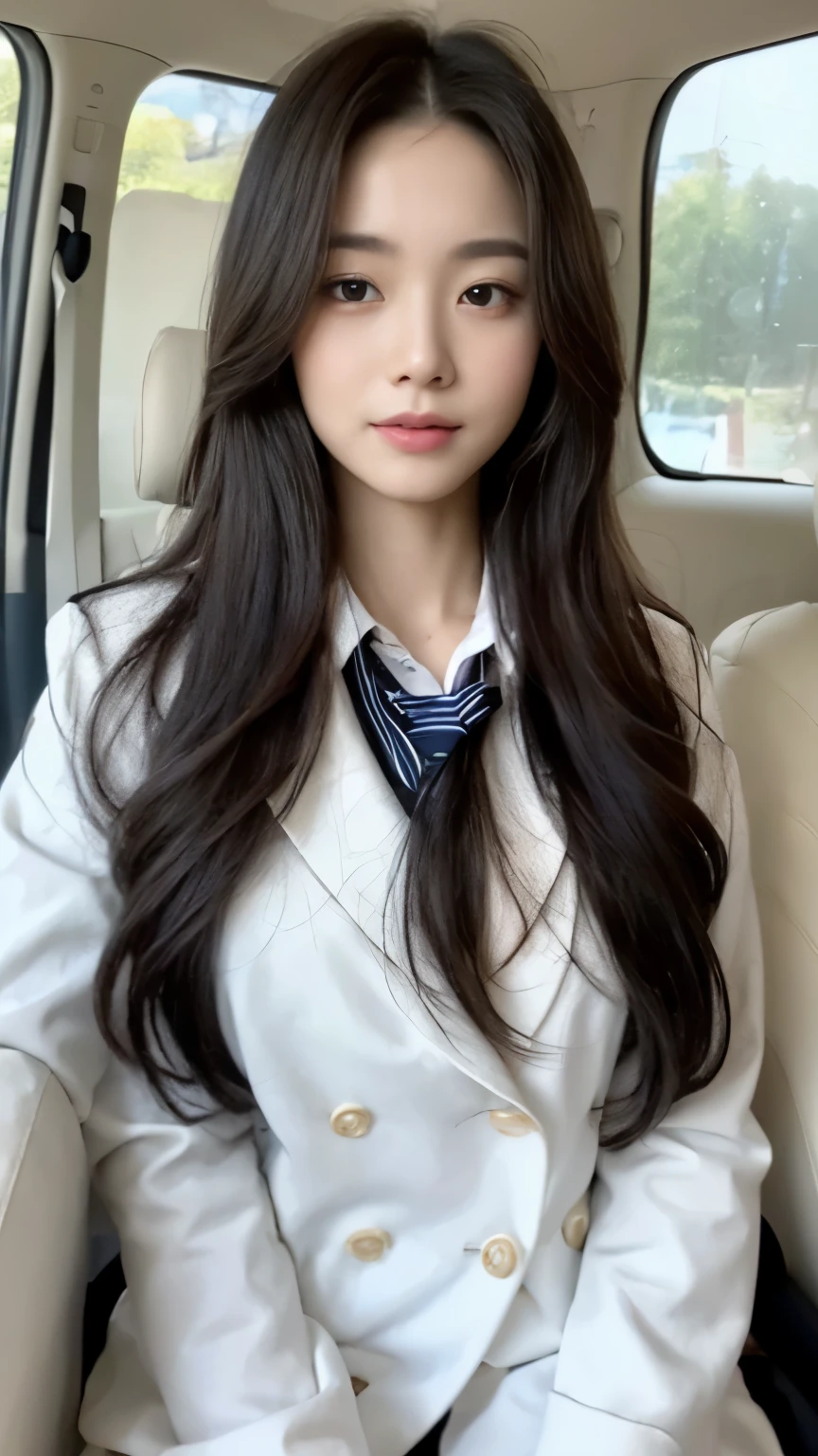 ((top-quality、8k、masterpiece:1.3))、Beautiful woman with perfect body:1.4、slim abdomen:1.2、Longhair, normal breast, Highly detailed facial and skin texture, A detailed eye, delicate eyes, double eyelid, (smile), (full body shot), ((in the car 1.1)), (sitting in the car), ((wearing white uniform white coat)), looking in front