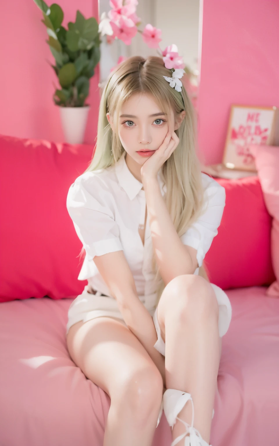 21 year old girl, green hair, red background,