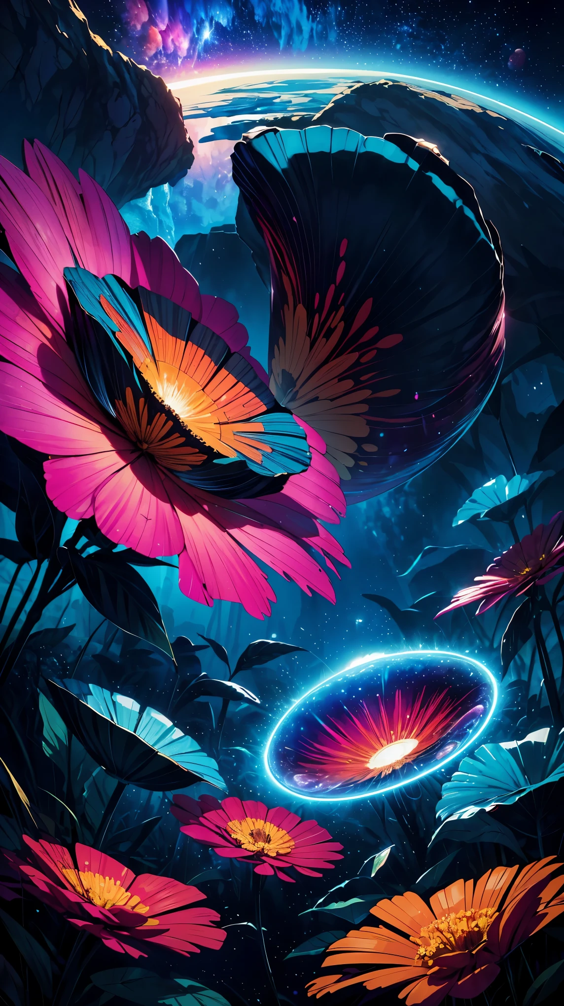 (8k, RAW photo, highest quality, masterpiece:1.2), high definition poster art design, psychedelic illustration, ((outer spaceに広がる幻想的花畑, Colorful flowers and falling petals, background planet,)), Background Space Graphic Art, Space Illustration, outer space, space poster art, distorted space scene, Spiritual world, exciting and seductive, poetic and romantic, Emphasis on individuality and uniqueness, Space style, psychedelic space horror, outer space, Plant growing, Psychotic universe,poster design