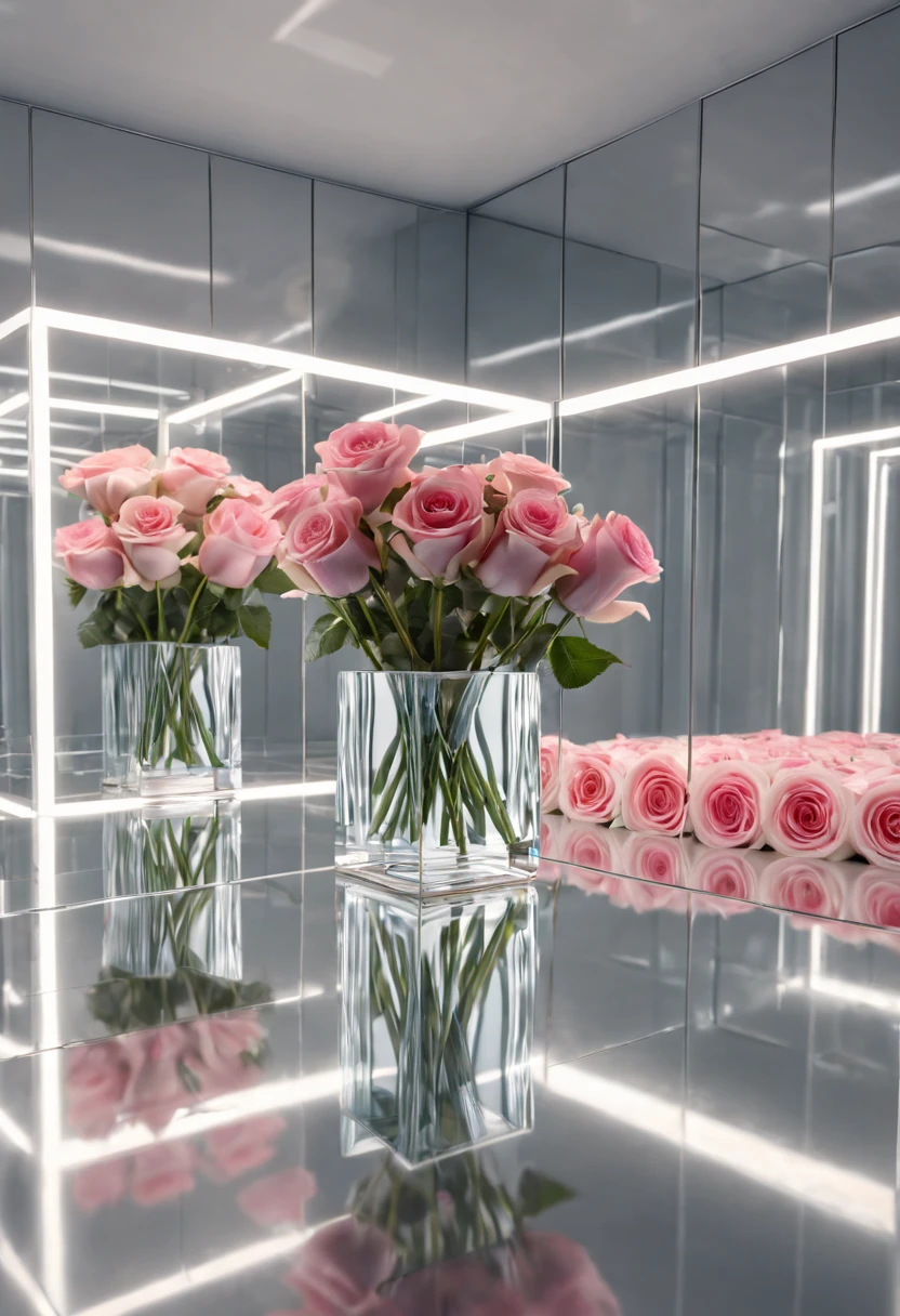 Reflective Art .Inside the cube with mirrored walls there is a vase with Five roses. Flowers are reflected in all the mirrors. The focus of the shooting is on reflections. octane rendering. High Resolution, High Quality, Masterpiece