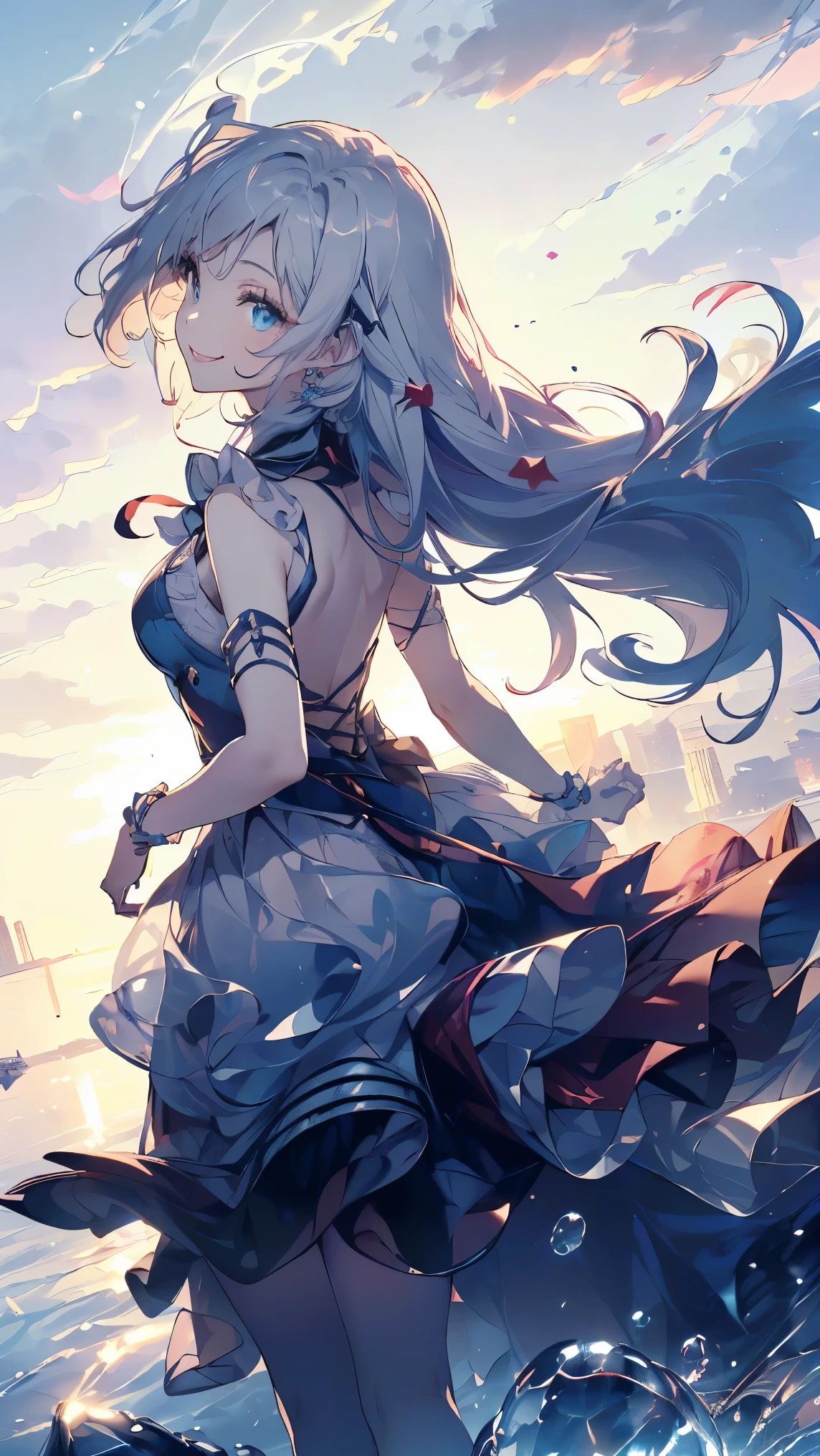 (master piece, high-quality, Mystical, long legs:1.2, ideal ratio of body proportions), (ultra high resolution, 8K RAW photo, photorealistics, natural lighting, textile shading), long shot photo:1.6, (1 beautiful anime girl:1.3, 16 years old, solo:1.6, milf:1.5, nsfw:1.2, full body:1.3), shinny skin, BREAK, ((alice in the wonderland:1.3, cute, kawaii, lovely, funny, a girl falling down from sky:1.7, girl flying in sky:1.5, girl floating in air:1.3, rolling upskirt by wind:1.5, (full smiling:1.3), surprised, putting hands on crotch over the skirts:1.35)), BREAK, ((floating things as follows, PlayingCards, Trump, tea cup, tea pot, tea spoons, pocket watch:1.3, lip sticks, candies:1.2, cookies, jam bottles, classical door_keys)), ((purply_Blue dress :1.5, wearing long flaired skirt:1.3, the skirt is blowing:1.3, White Apron, white stockingedium long platinum-blonde hair:1.2, twin tail hair:1.6, tied hair with a large ribbon), (Blue eyes, bright pupils with highlights, detailed eyes), (lying down on your back:1.6, spreading legs with rising up straight:1.5), ((dutch angle:1.5, full body:1.3, ass focus:1.3, from below:1.5, unbalance posture)), fantastic colorful art, (fantasy art:1.5, wondered images), ((correct anatomy:1.5, perfect anatomy:1.3, correct hand, small foot:1.2)),