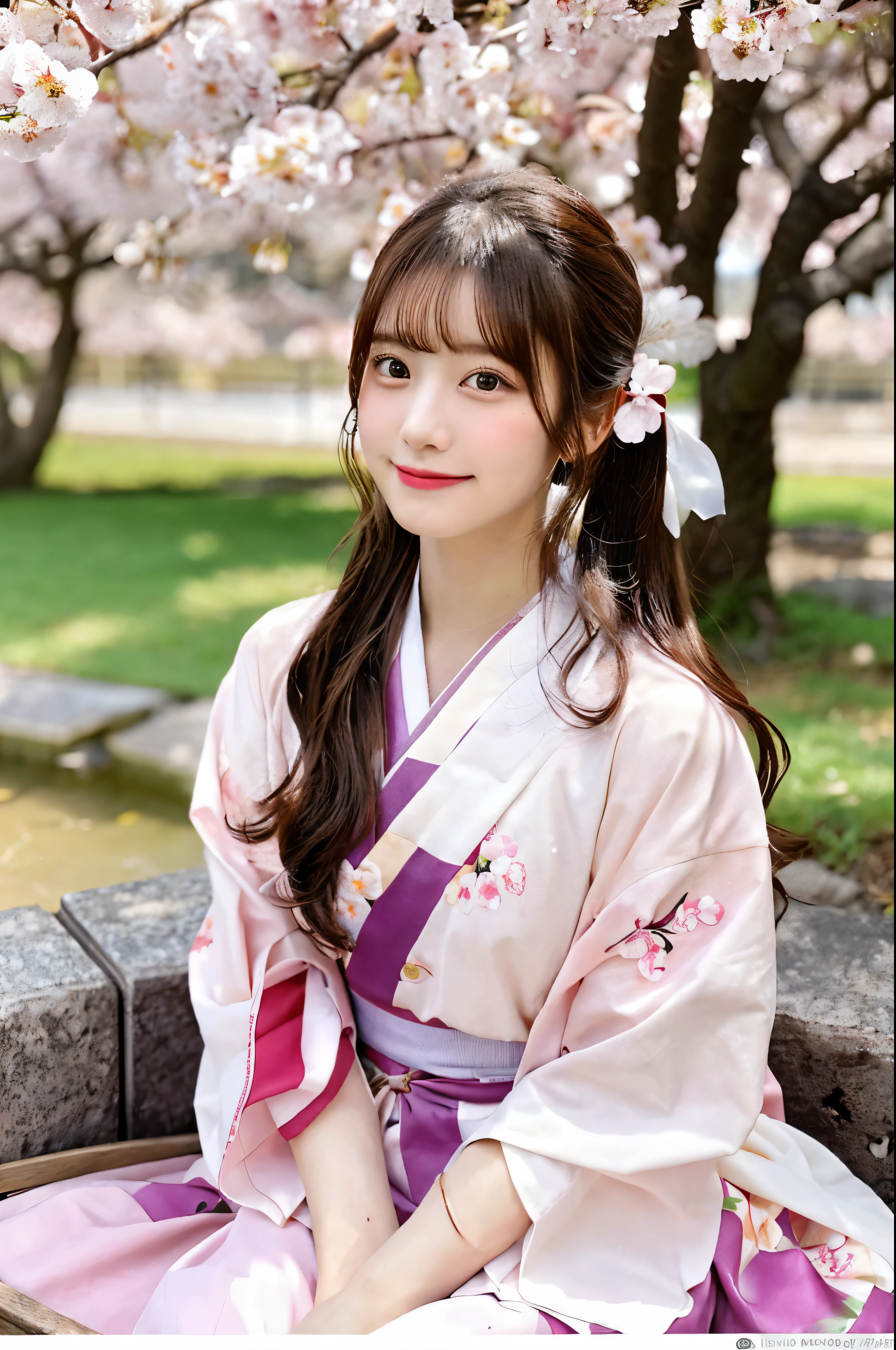 A pleasant spring day under the cherry blossom trees、Beautiful girl is relaxing while soaking in a footbath。her face is、filled with peace and contentment、her face is穏やかで幸せそうに見えます。beautiful girl&#39;The kimono is pink with a cherry blossom pattern...、Perfect for the spring atmosphere。Her long hair flutters in the gentle spring breeze、It also goes well with Japanese clothing...。She spends time quietly in beautiful nature、I have tea in hand。The surrounding cherry blossoms are in full bloom、The footbath is made of natural stone.、His relaxed expression shows his warmth...。beautiful girl&#39;Your face is the center of this peaceful moment.、Her beauty is in perfect harmony with the surrounding nature.