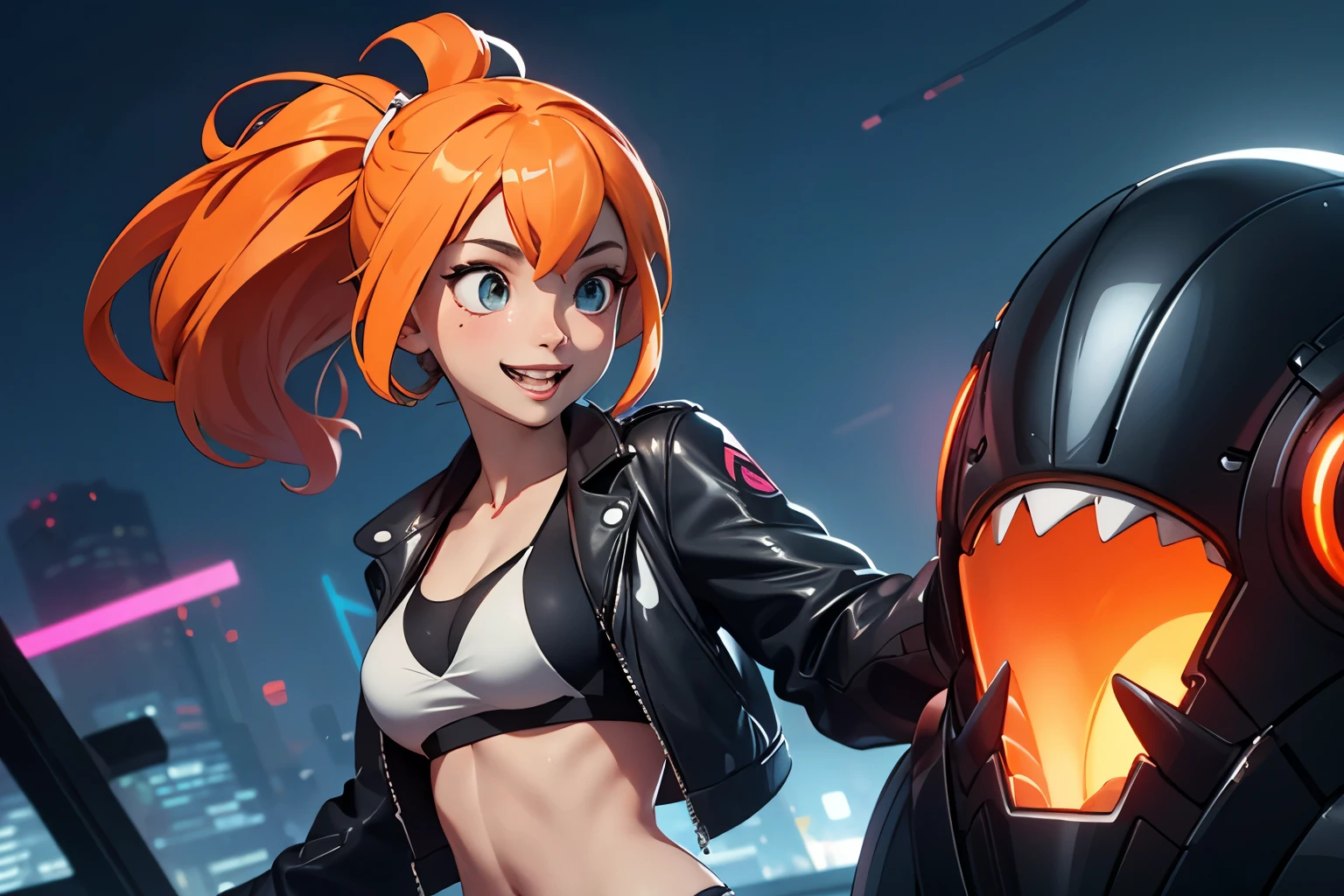 Draw a manga-style character with a physical appearance with this form of the hair Orange with black highlights, tied into two ponytails shaped like jaws, similar to Mawile from Pokémon, Eyes Pink, bright, and expressive and Build Slim and athletic, Attire Upper Body White leather jacket with cyberpunk details, such as integrated LED lights or futuristic lines, Lower Body Sporty bikini in orange, white, and black colors, blending with the cyberpunk style while allowing freedom of movement for physical activities, Personality Creative and curious Always seeking new experiences and forms of expression, Her creative mind drives her to constantly explore new ideas and concepts,glow bikini suggestive, white skin girl,smile coquette