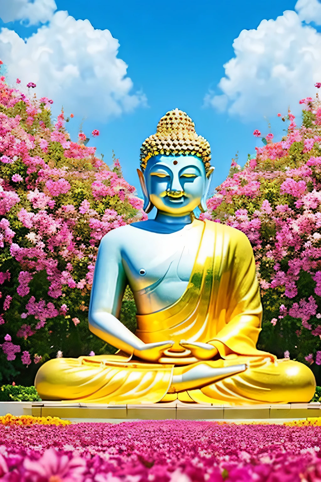 明るい背景のBuddha像 Buddha solo front looking here halo is shining upper body only body is 70 on screen%Profession hold hands Like a photograph Amazing background full of flowers