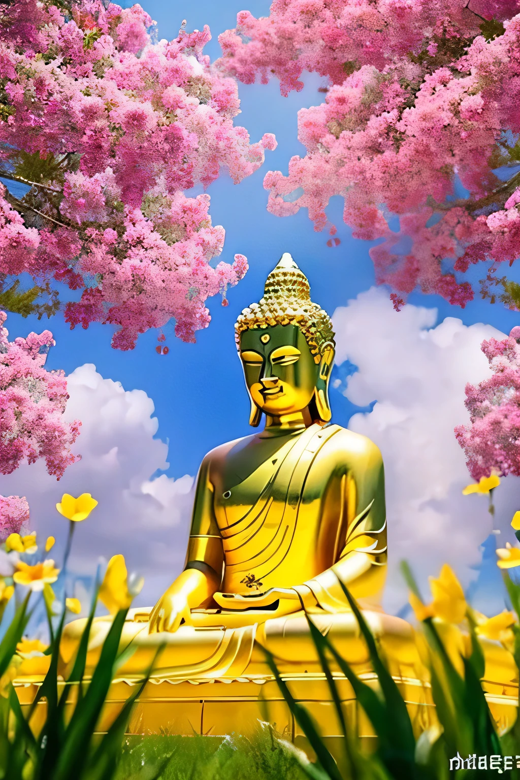 明るい背景のBuddha像 Buddha solo front looking here halo is shining upper body only body is 70 on screen%Profession hold hands Like a photograph Amazing background full of flowers