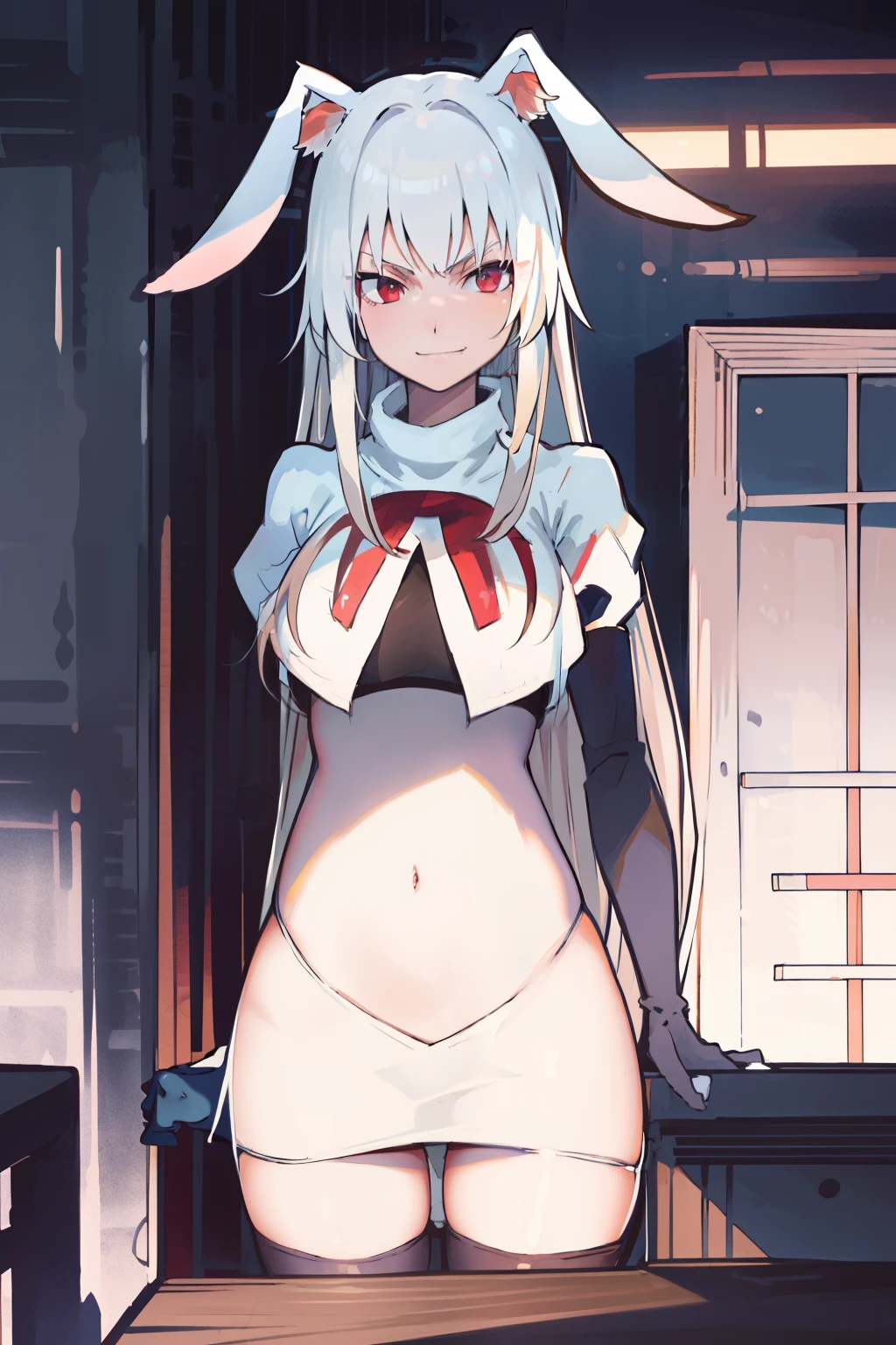 best quality, masterpiece, detailed, fantasy,
tyuule,
closed mouth, smirk,
white hair, very long hair, rabbit ears, red eyes, rabbit tail,
navel, team rocket,team rocket uniform, red letter R, white skirt,white crop top,black thigh-highs,black elbow gloves
looking at the viewer,