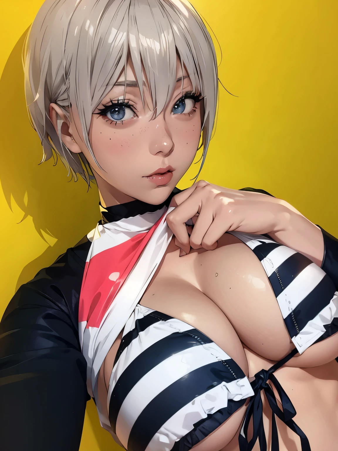 arafed woman with a short blonde hair and a striped top, anime girl in real life, anime girl cosplay, shikamimi, anime cosplay, 2 b, 2b, with short hair, cosplayer, sakimichan, portrait a woman like reol, cosplay, girl with short white hair, perfect android girl, anime girl, seductive anime girl