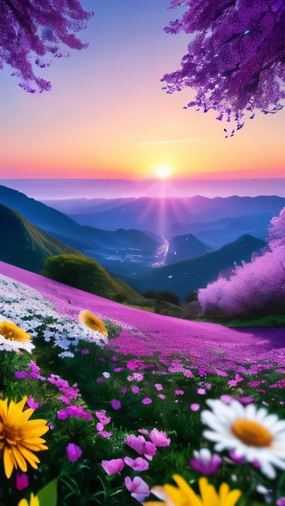 A breathtaking scene of a vast sea of flowers, immersed in a palette of vibrant colors. Blossoms as far as the eye can see, creating an enchanting and aesthetic landscape. The petals soft and delicate, like a painter's brush strokes on a canvas. The sun casting a golden hour glow over the floral expanse, adding a sense of magic and wonder. The scene, a masterpiece of nature and floral aesthetics, is a feast for the senses and a true marvel to behold. (masterpiece:1.6, best quality), (fine detailed beautiful eyes: 1.2), (extremely detailed CG unity 8k wall