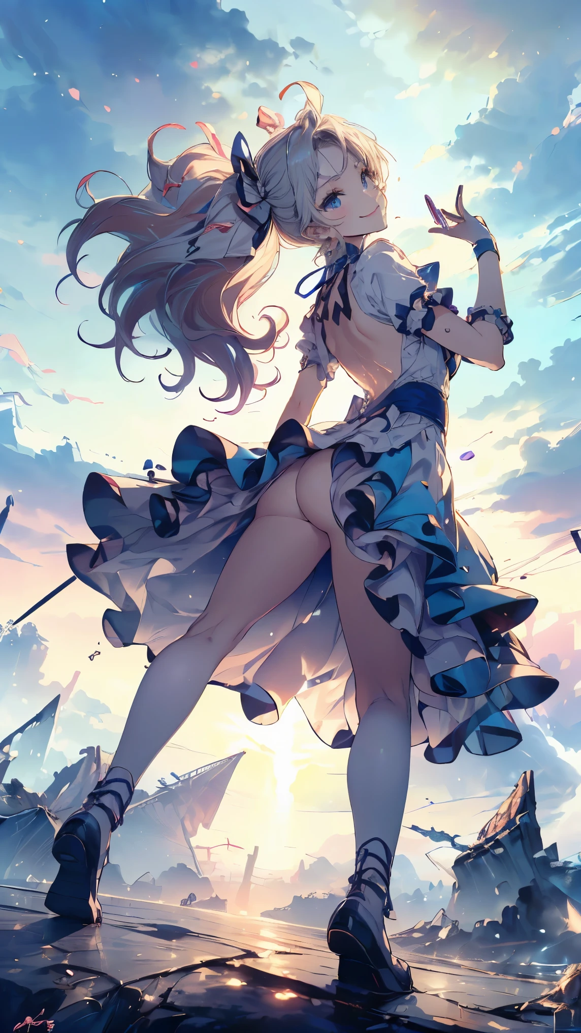 (master piece, high-quality, Mystical, long legs:1.2, ideal ratio of body proportions), (ultra high resolution, 8K RAW photo, photorealistics, natural lighting, textile shading), long shot photo:1.6, (1 beautiful anime girl:1.3, , solo:1.6, milf:1.5, nsfw:1.2, full body:1.3), shinny skin, BREAK, ((alice in the wonderland:1.3, cute, kawaii, lovely, funny, a girl falling down from sky:1.7, girl flying in sky:1.5, girl floating in air:1.3, rolling upskirt by wind:1.5, (full smiling:1.3), surprised, putting hands on crotch over the skirts:1.35)), BREAK, ((floating things as follows, PlayingCards, Trump, tea cup, tea pot, tea spoons, pocket watch:1.3, lip sticks, candies:1.2, cookies, jam bottles, classical door_keys)), ((purply_Blue dress :1.5, wearing long flaired skirt:1.3, the skirt is blowing:1.3, White Apron, white stockingedium long platinum-blonde hair:1.2, twin tail hair:1.6, tied hair with a large ribbon), (Blue eyes, bright pupils with highlights, detailed eyes), (lying down on your back:1.6, spreading legs with rising up straight:1.5), ((dutch angle:1.5, full body:1.3, ass focus:1.3, from below:1.5, unbalance posture)), fantastic colorful art, (fantasy art:1.5, wondered images), ((correct anatomy:1.5, perfect anatomy:1.3, correct hand, small foot:1.2)),