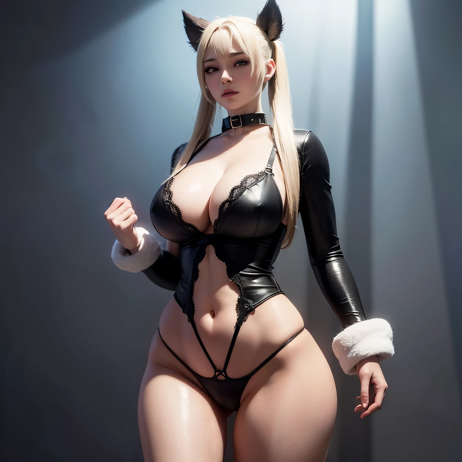 ((Best quality)), ((masterpiece)), (detailed:1.4), 3D, an image of a beautiful female with thick voluminous hair,light particles,HDR (High Dynamic Range),Ray Tracing,NVIDIA RTX,Super-Resolution,Unreal 5,Subsurface scattering,PBR Texturing,Post-processing,Anisotropic Filtering,Depth-of-field,Maximum clarity and sharpness,Multi-layered textures,Albedo and Specular maps,Surface shading,Accurate simulation of light-material interaction,Perfect proportions,Octane Render,Two-tone lighting,Wide aperture,Low ISO,White balance,Rule of thirds,8K RAW,(huge breasts),(very thin waist),(huge butt),(thick thighs),(cleavage),((pale blonde twin ponytails)),(long hair),(show lots of skin),(skinny arms),((bdsm)),(wearing a very tight black leather collar),(wearing very revealing lingerie),very kinky