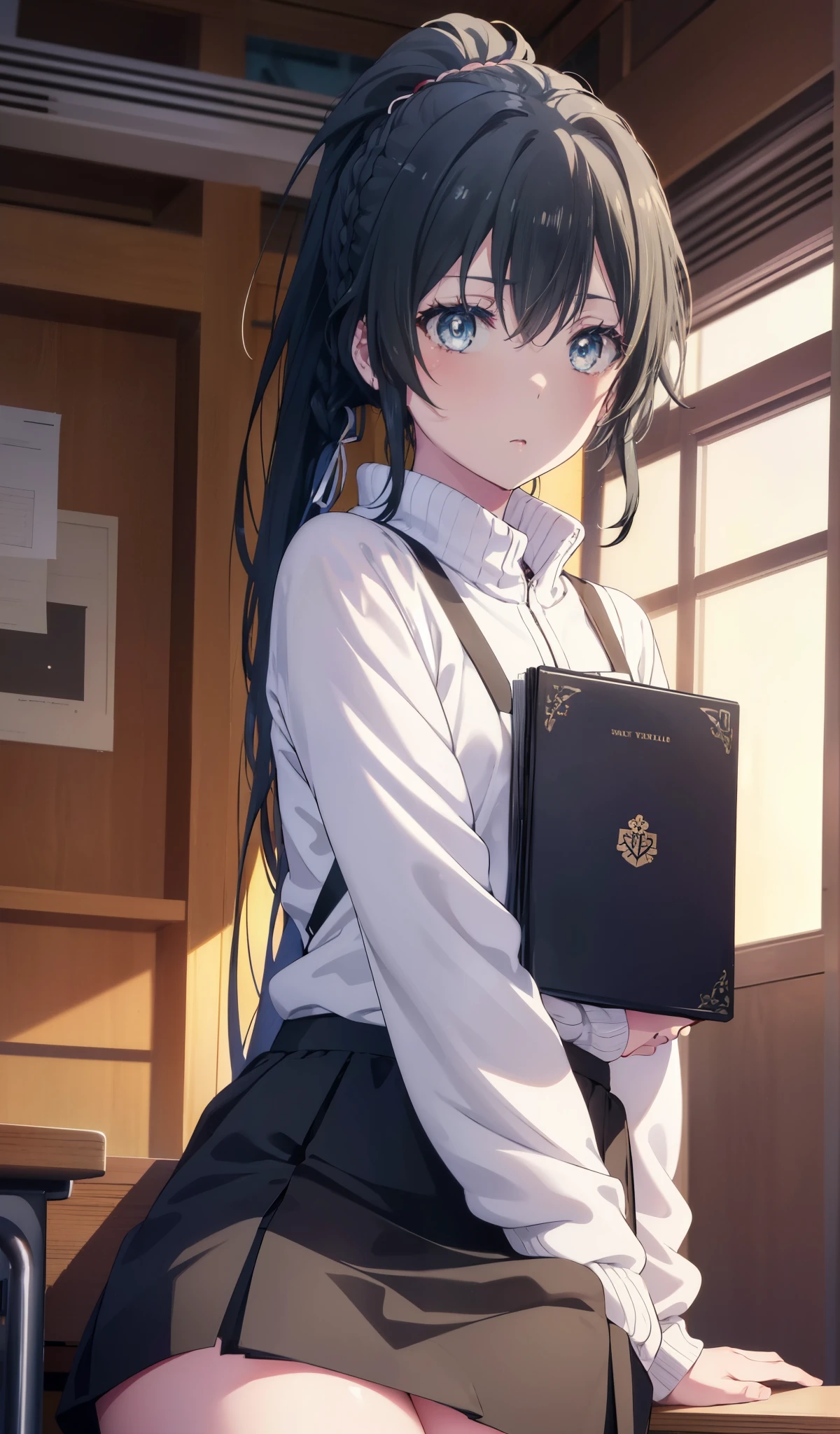 yukinoyukinoshita, yukino yukinoshita, black hair, blue eyes, long hair, serious,ponytail,short braided hair ahoge,white sweater,black long skirt,high cut sneakers,A textbook is open on the desk.,sitting on a chair and studying,Universityのclassroomで講義を受けている,
break indoors, University　classroom,
break looking at viewer, (cowboy shot:1.5),
break (masterpiece:1.2), highest quality, High resolution, unity 8k wallpaper, (figure:0.8), (detailed and beautiful eyes:1.6), highly detailed face, perfect lighting, Very detailed CG, (perfect hands, perfect anatomy),