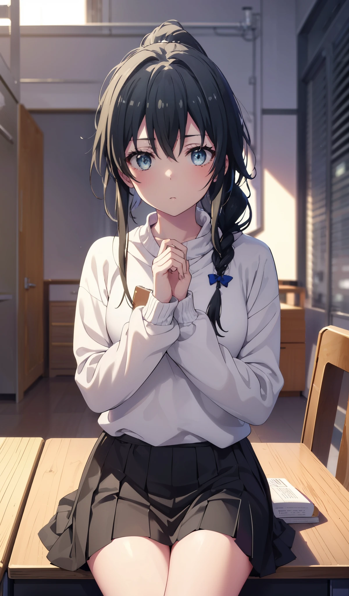 bluearchivekarin, karin, ahoge, black hair, dark skin, dark-skinned female, halo, long hair, (yellow eyes:1.5),
BREAK cardigan, neck ribbon, pleated skirt, ribbon, school uniform, skirt, blue cardigan,
BREAK looking at viewer,
BREAK indoors, classroom,
BREAK (masterpiece:1.2), best quality, high resolution, unity 8k wallpaper, (illustration:0.8), (beautiful detailed eyes:1.6), extremely detailed face, perfect lighting, extremely detailed CG, (perfect hands, perfect anatomy),