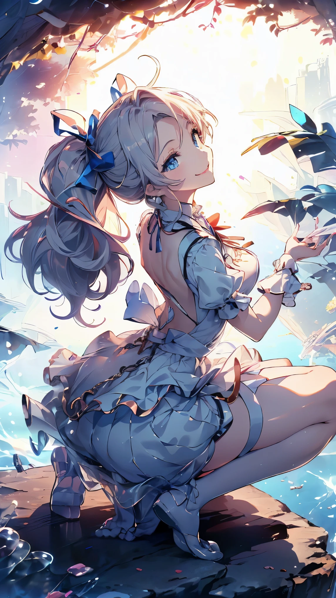 (master piece, high-quality, Mystical, long legs:1.2, ideal ratio of body proportions), (ultra high resolution, 8K RAW photo, photorealistics, natural lighting, textile shading), long shot photo:1.6, (1 beautiful anime girl:1.3, 16 years old, solo:1.6, milf:1.5, nsfw:1.2, full body:1.3), shinny skin, BREAK, ((alice in the wonderland:1.3, cute, kawaii, lovely, funny, a girl falling down from sky:1.7, girl flying in sky:1.5, girl floating in air:1.3, rolling upskirt by wind:1.5, (full smiling:1.3), surprised, putting hands on crotch over the skirts:1.35)), BREAK, ((floating things as follows, PlayingCards, Trump, tea cup, tea pot, tea spoons, pocket watch:1.3, lip sticks, candies:1.2, cookies, jam bottles, classical door_keys)), ((purply_Blue dress :1.5, wearing long flaired skirt:1.3, the skirt is blowing:1.3, White Apron, white stockingedium long platinum-blonde hair:1.2, twin tail hair:1.6, tied hair with a large ribbon), (Blue eyes, bright pupils with highlights, detailed eyes), (lying down on your back:1.6, spreading legs with rising up:1.5, straight legs:1.5), ((dutch angle:1.5, full body:1.3, crotch focus:1.3, from below:1.5, cuty posing)), fantastic colorful art, (fantasy art:1.5, wondered images), ((correct anatomy:1.5, perfect anatomy:1.3, correct hand, small foot:1.2)),