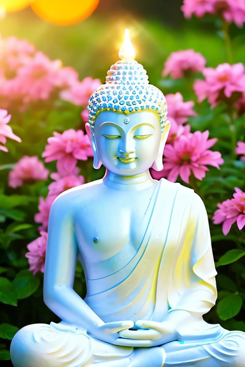 明るい背景のBuddha像 Buddha solo front looking here halo is shining upper body only body is 70 on screen%Profession hold hands Like a photograph Amazing background full of flowers