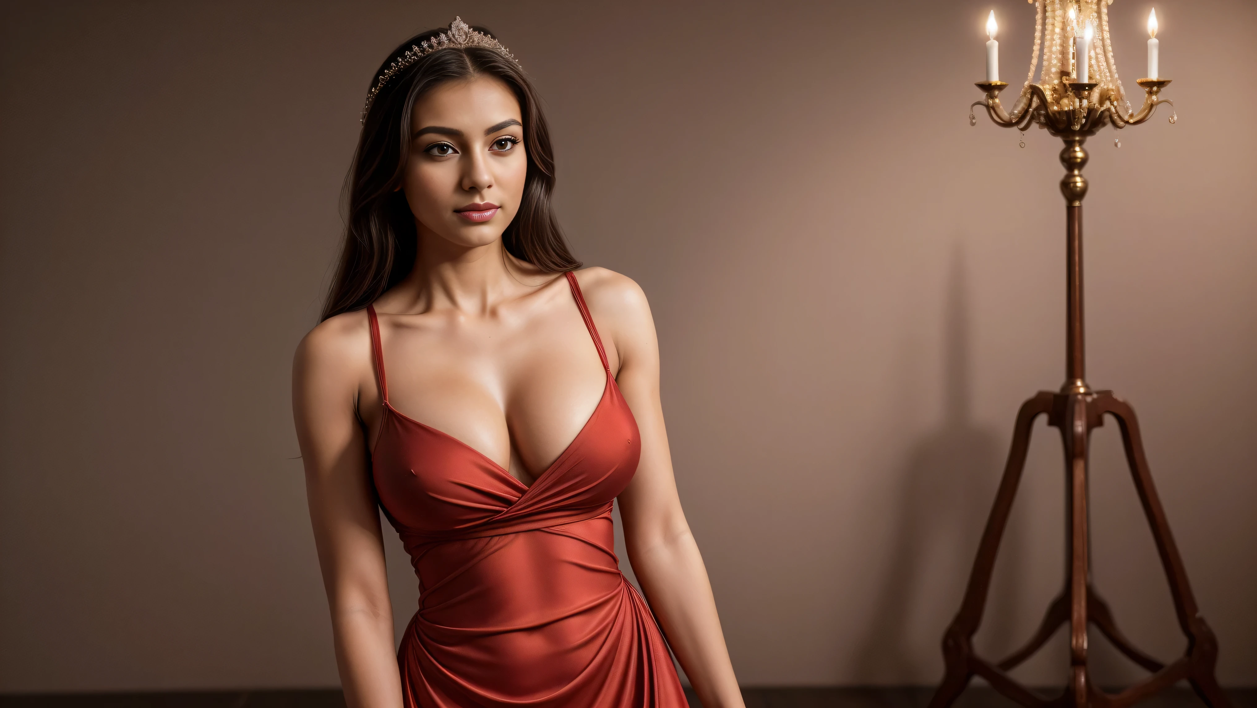 (best quality,4k,8k,highres,masterpiece:1.2),ultra-detailed,(realistic,photorealistic,photo-realistic:1.37),((1girl:1.9)), (((standing alone:1.9))), ((ars old)(sharp focus), (beautiful and aesthetic:1.2), [((Raiana-Elizabeth-Dilla:1.9))], (slim slender fit-muscled body:1.9), (((ultra-short ((red:1.5)) sexy-elegant-style gown))),cleavage breasts,(large breasts:1.2),beautiful queen,graceful posture,serene expression,proud and confident queen,crown on her head,shining jewels,flowing dark-black hair,sparkling eyes,rosy cheeks,ethereal beauty,soft lighting,(abstract background:1.2),((whole-body-view:1.9)), ((full-body:1.9, cinematic shot)),queen of elegance,vivid colors,harmonious color palette,elegant composition,tranquil atmosphere,classic beauty,majestic presence,beauty personified