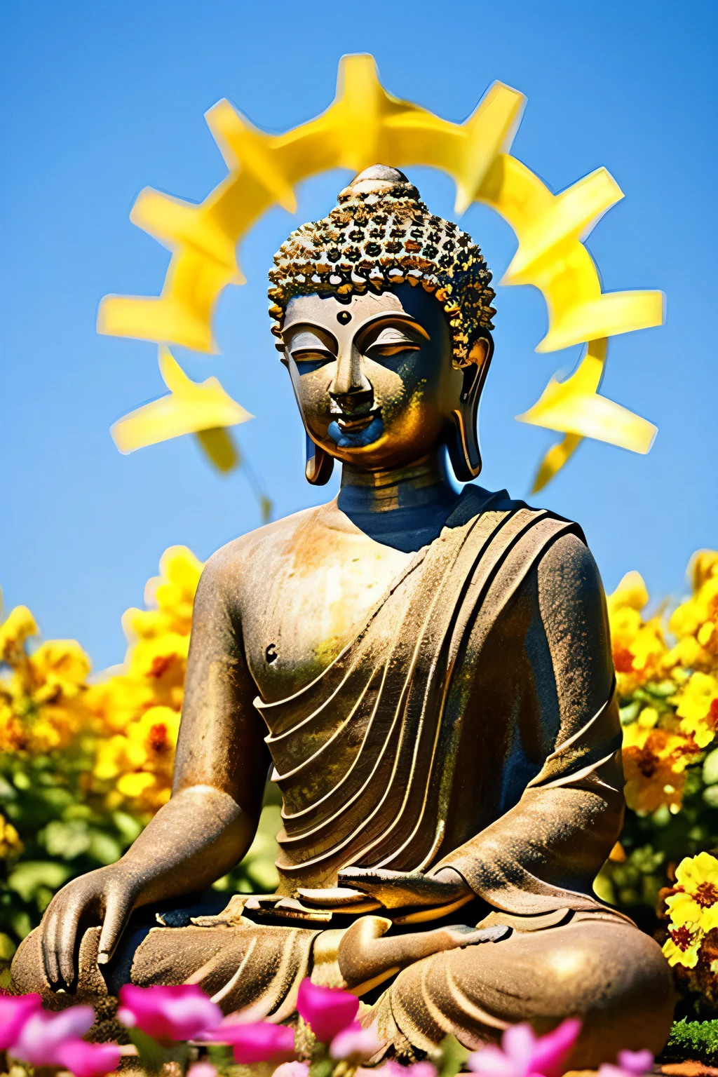 明るい背景のBuddha像 Buddha solo front looking here halo is shining upper body only body is 70 on screen%Profession hold hands Like a photograph Amazing background full of flowers