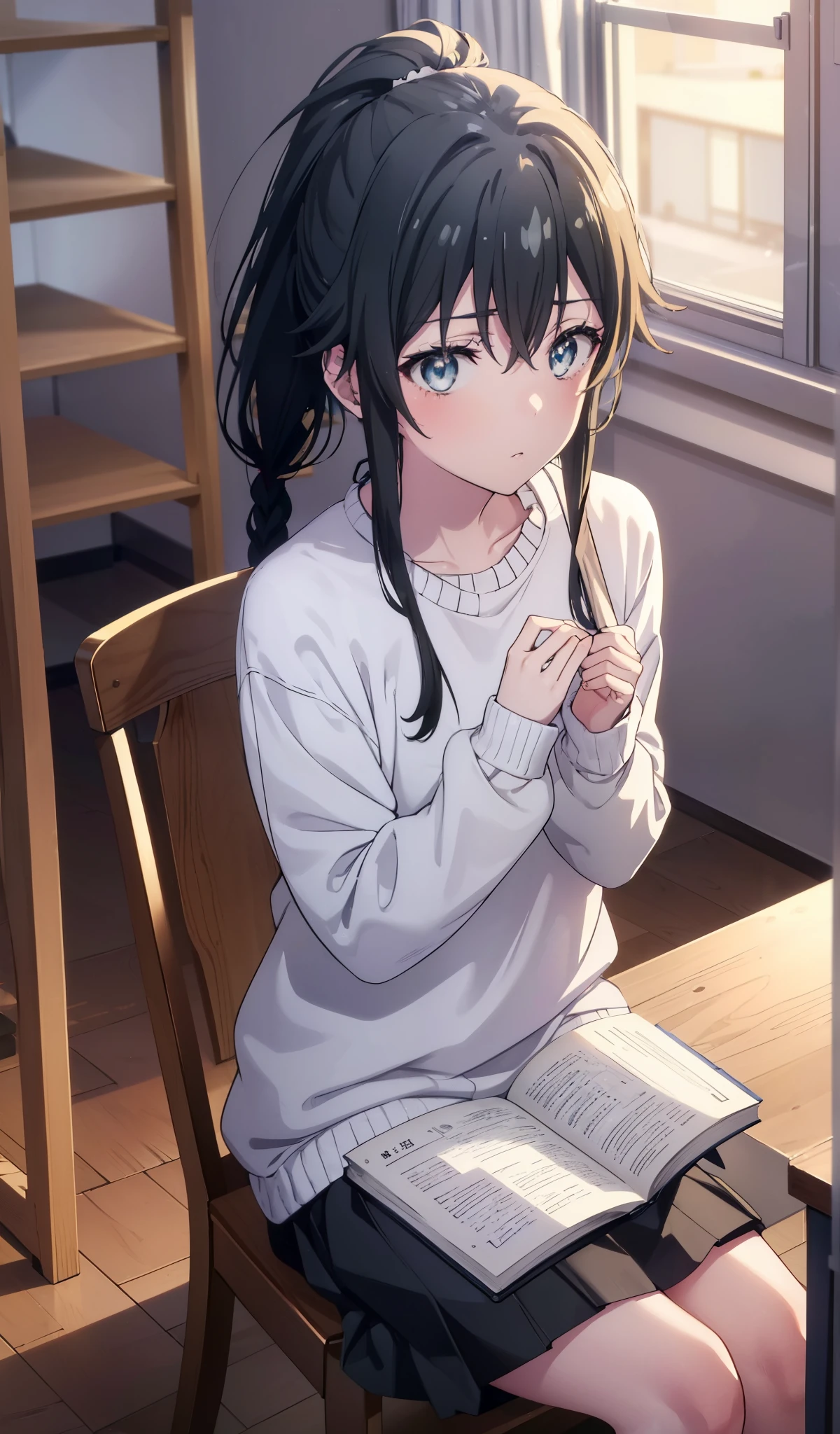 yukinoyukinoshita, yukino yukinoshita, black hair, blue eyes, long hair, serious,ponytail,short braided hair ahoge,white sweater,black long skirt,high cut sneakers,A textbook is open on the desk.,sitting on a chair and studying,Universityのclassroomで講義を受けている,
break indoors, University classroom,
break looking at viewer, (cowboy shot:1.5),
break (masterpiece:1.2), highest quality, High resolution, unity 8k wallpaper, (figure:0.8), (detailed and beautiful eyes:1.6), highly detailed face, perfect lighting, Very detailed CG, (perfect hands, perfect anatomy),