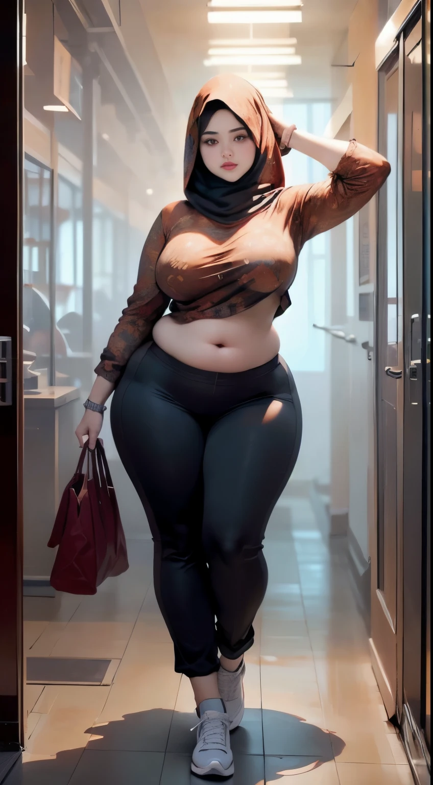 ((best quality)), ((masterpiece)), (detailed), perfect face, araffe woman thick and thight long pants posing for a picture, curvy model,, curvy hourglass figure, sexy longest hand t-shirt, thicc, beautiful full body shot, soft curvy shape, in a longest hand t-shirt, a beautiful woman , bbwchan, , armpits, there is a old woman posing in a dark room with a maroon burka clothes , 43 years old, thick body, beautiful thick female, wide hips, thick legs, she has a jiggly fat round belly, thick thighs, curvy hourglass figure, thicc, curvy model, widest hips, hyperrealistic full figure, bbwchan, voluptuous body, thick, tattooed body, tattooed hands, hena on arm, hena in belly, Burka girl, muslim clothes, 43 years old woman. Burka chubby woman, chubby cheeks, wearing a sneakers, bob hairstyle, thick neck, short neck, there is a woman random pose red-brown hijab, bbwchan, thicc, brown hijab outfit, brown hijab fashion model, korean girl, korean woman, wearing brown robe, full length shot, alluring plus sized model, japanese goddess, clothed in hooded, voluptuous and arousing, portrait shot, curvy model, voluptuous body, wonderful, nene tanaka body , bbwchan, The overall atmosphere is smooth , haunting illustrations, extremely high-resolution details, photographic, realism pushed to extreme, fine texture, 4k, ultra-detailed, high quality, high contrast, red sneakers , cold atmosphere ,, 8k resolution , ultra-detailed resolution , wearing long thight pants, random pose with full body , full body, diamond necklace , wearing a watch , thick arm, thick cheeks , wearing a gold Bracelet