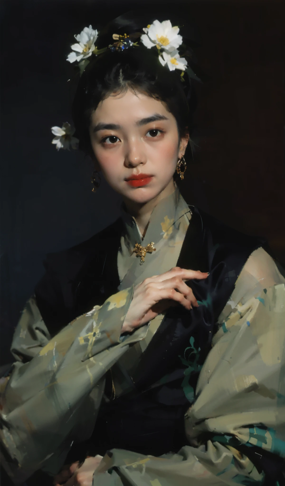 best quality,masterpiece,(painting:1.5),Pan head,hair tied up,Japanese women's hairstyle,Exquisite facial features,delicate and thin eyebrows,eyebrows are very thin,Small mouth,Little mouth,small lips,Headgear,Pan head,hair tied up,Japanese women's hairstyle,asian woman,Ancient Chinese woman,(Amy Sole:0.248),(Stanley Ategg Liu:0.106),(a detailed painting:0.353),(文艺复兴古典painting风格:0.8)