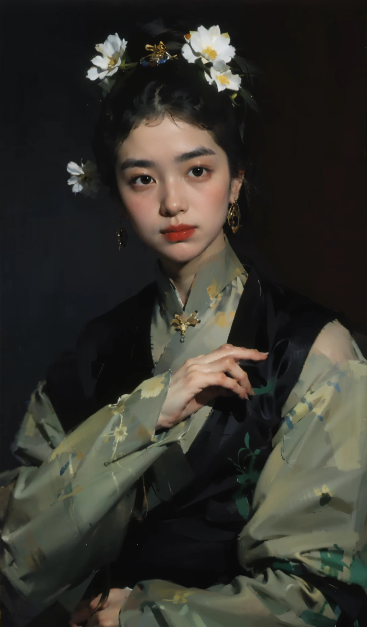 best quality，masterpiece，（painting：1.5），Pan head，hair tied up，Japanese women&#39;s hairstyle，Exquisite facial features，delicate and thin eyebrows，eyebrows are very thin，Small mouth，Little mouth，small lips，Headgear，Pan head，hair tied up，Japanese women&#39;s hairstyle，asian woman，Ancient Chinese woman，（Amy Sole：0.248），（Stanley Ategg Liu：0.106），（a detailed painting：0.353），（文艺复兴古典painting风格：0.8）