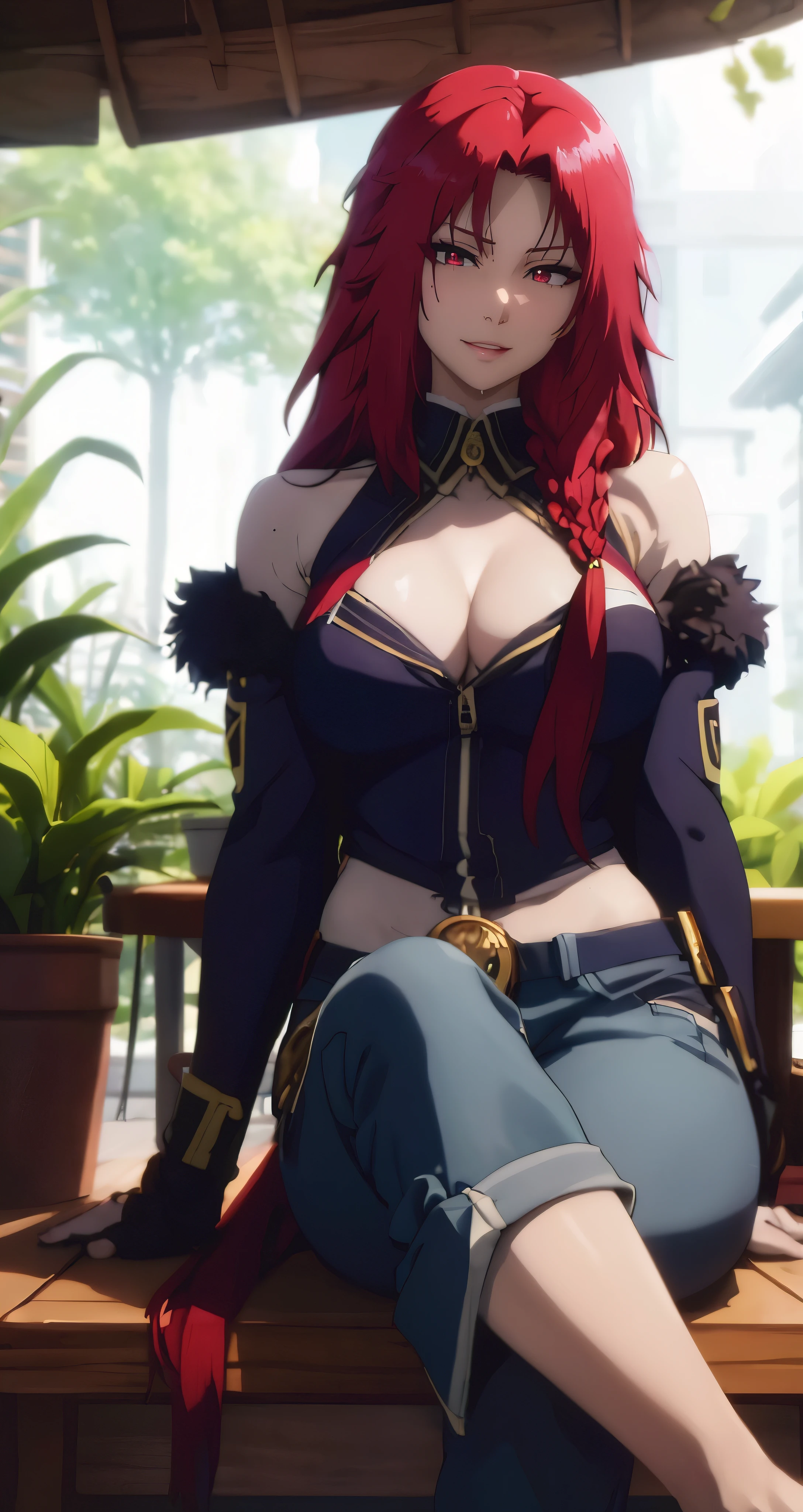 red hair, long hair, braid, red eyes, muscular female, anatomically correct, best quality, masterpiece, high quality, high details, highres, HD, (shaded face:1.2), hollow eyes, looking at viewer, heavy breathing, smirk, uppert teeth, 1girl, pants, sitting, blue_eyes, long_hair, jeans, plant, fur_trim, potted_plant, solo, looking_at_viewer, outdoors, tree, breasts, black_hair, toes, bangs, leaf, barefoot, large_breasts, denim, fur_collar, sandals, feet, day, crossed_legs, blue_pants, long_sleeves, head rest
