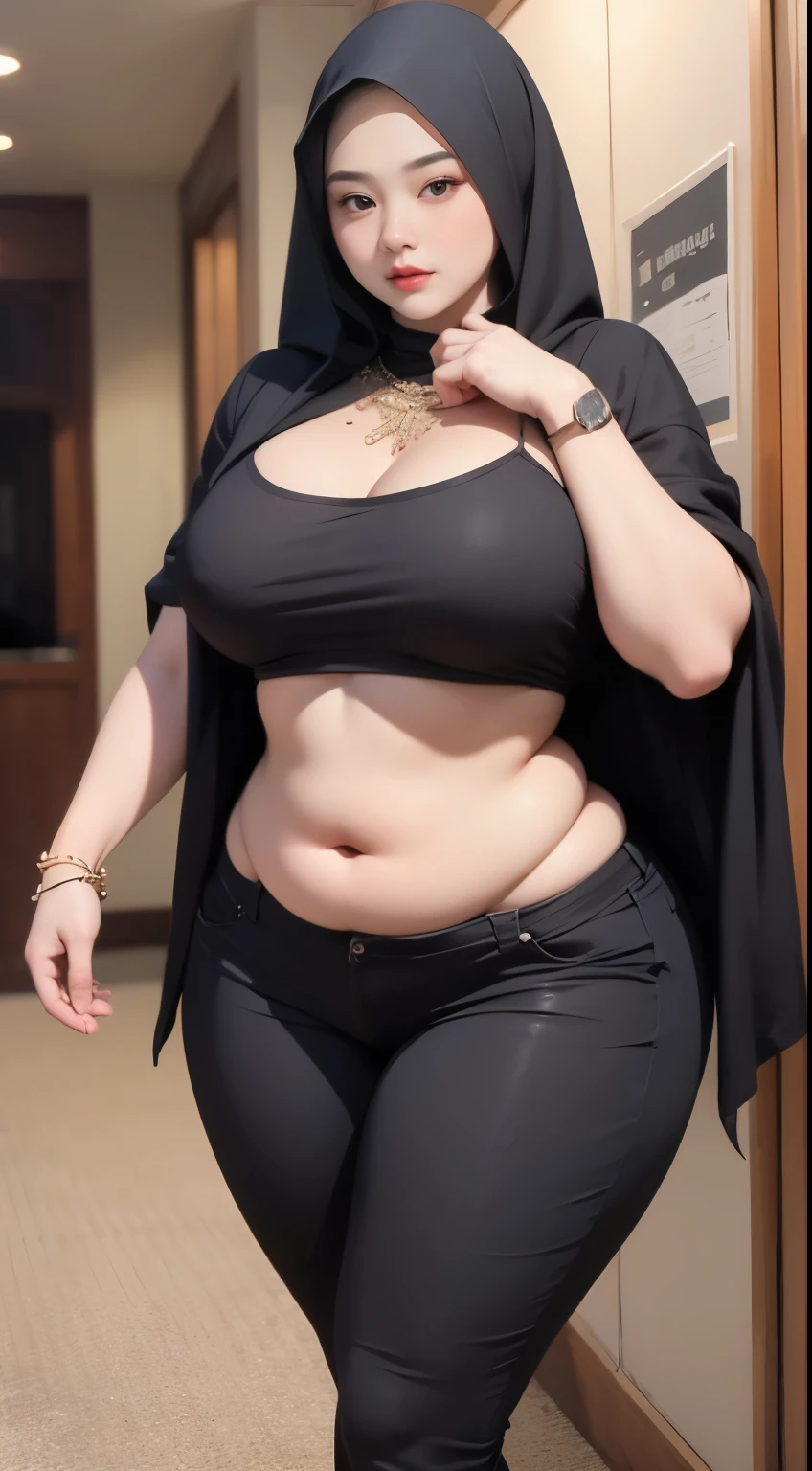 ((best quality)), ((masterpiece)), (detailed), perfect face, araffe woman thick and thight long pants posing for a picture, curvy model,, curvy hourglass figure, sexy longest hand t-shirt, thicc, beautiful full body shot, soft curvy shape, in a longest hand t-shirt, a beautiful woman , bbwchan, , armpits, there is a old woman posing in a dark room with a maroon burka clothes , 43 years old, thick body, beautiful thick female, wide hips, thick legs, she has a jiggly fat round belly, thick thighs, curvy hourglass figure, thicc, curvy model, widest hips, hyperrealistic full figure, bbwchan, voluptuous body, thick, tattooed body, tattooed hands, hena on arm, hena in belly, Burka girl, muslim clothes, 43 years old woman. Burka chubby woman, chubby cheeks, wearing a sneakers, bob hairstyle, thick neck, short neck, there is a woman random pose red-brown hijab, bbwchan, thicc, brown hijab outfit, brown hijab fashion model, korean girl, korean woman, wearing brown robe, full length shot, alluring plus sized model, japanese goddess, clothed in hooded, voluptuous and arousing, portrait shot, curvy model, voluptuous body, wonderful, nene tanaka body , bbwchan, The overall atmosphere is smooth , haunting illustrations, extremely high-resolution details, photographic, realism pushed to extreme, fine texture, 4k, ultra-detailed, high quality, high contrast, red sneakers , cold atmosphere ,, 8k resolution , ultra-detailed resolution , wearing long thight pants, random pose with full body , full body, diamond necklace , wearing a watch , thick arm, thick cheeks , wearing a gold Bracelet