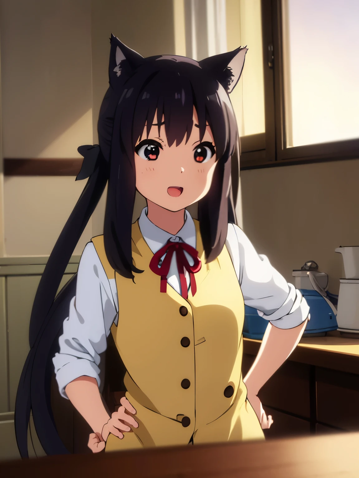 (best quality, masterpiece:1.2), 1girl, (((masterpiece))), top-quality, top-quality, High Details, nakano azusa, 1girl, Cafe waiter uniform, black cat ear, (((black cat ear))), Twin-tailed, length hair, A dark-haired, brown-eyed, solo, reddish, thin red ribbon, Solid white buttoned shirt under blazer, illustratio, comic strip, soothing tones, Subdued Color, Soft cinematic light, adobe lightroom, photolab, HDR, intricately and hyper-detailed、(((depth of fieldasterpiece)))。(((top-quality))).)((ultra-detailliert)))。(((illustratio)))。(((takeout))).dynamic focus.big breasts.(((kitchen))).(((A home))).(((Face of Smile))). open mouth.(((put hands on the hip))).(((up chest))).((morning glow)).((the setting sun)), solo, anime, anime screencap, ray tracing, global illumination, ultra resolution image, vivid color, cinematic light, lens flare, light on face, glow eyes, depth of field, happy, detailed background, cute, straight-on, dive dress, navel,