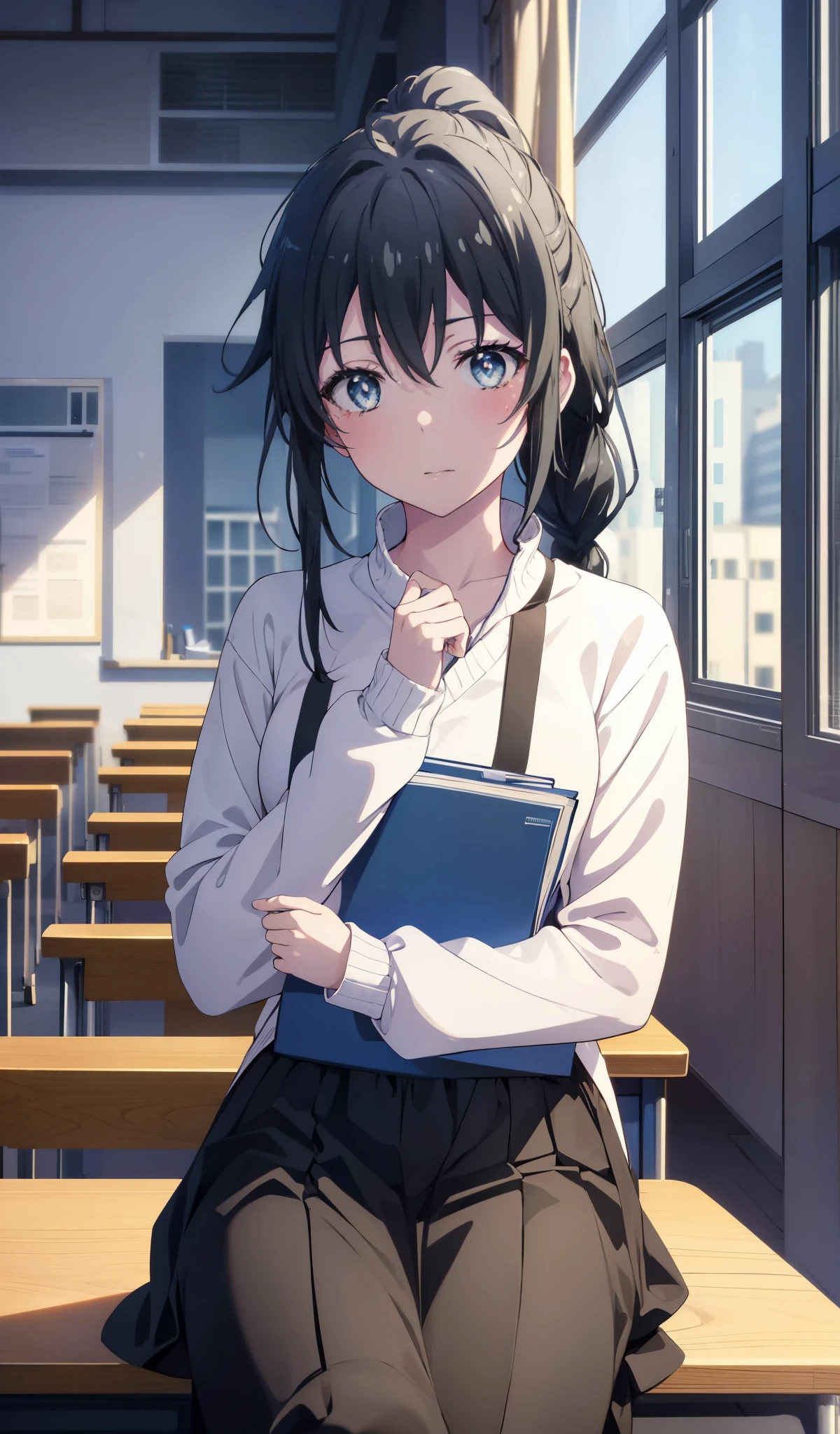 yukinoyukinoshita, yukino yukinoshita, black hair, blue eyes, long hair, serious,ponytail,short braided hair ahoge,white sweater,smile,black long skirt,high cut sneakers,A textbook is open on the desk.,sitting on a chair and studying,Universityのclassroomで講義を受けている,
break indoors, University classroom,
break looking at viewer, (cowboy shot:1.5),
break (masterpiece:1.2), highest quality, High resolution, unity 8k wallpaper, (figure:0.8), (detailed and beautiful eyes:1.6), highly detailed face, perfect lighting, Very detailed CG, (perfect hands, perfect anatomy),