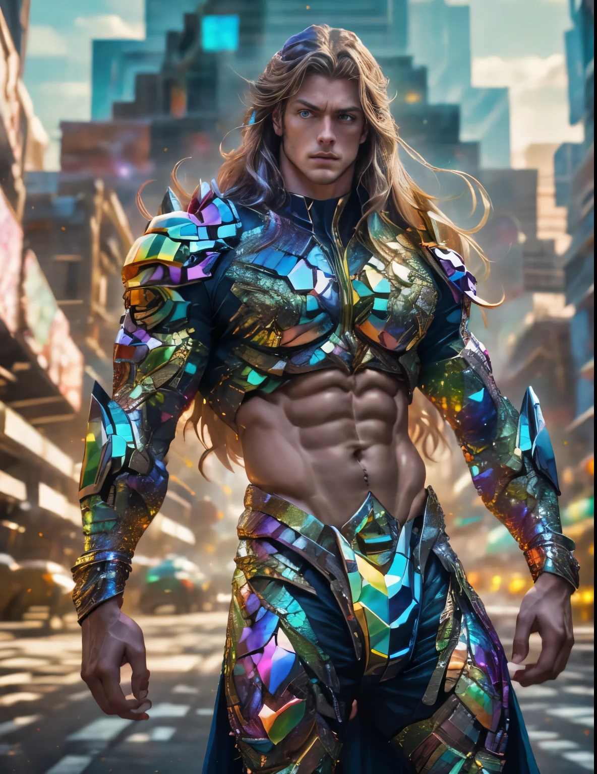 masterpiece, highest quality, (solo focus), (perfect face:1.1), (high detail:1.1),dramatic, 1guy, (pale skin), long rainbow hair, white eyes, [light eyebrows], solo, long hair, , white luxury suit, covered navel, pouty lips, shirtless,futuristic city, detailed background,  lcinematic lighting, roses, glitter