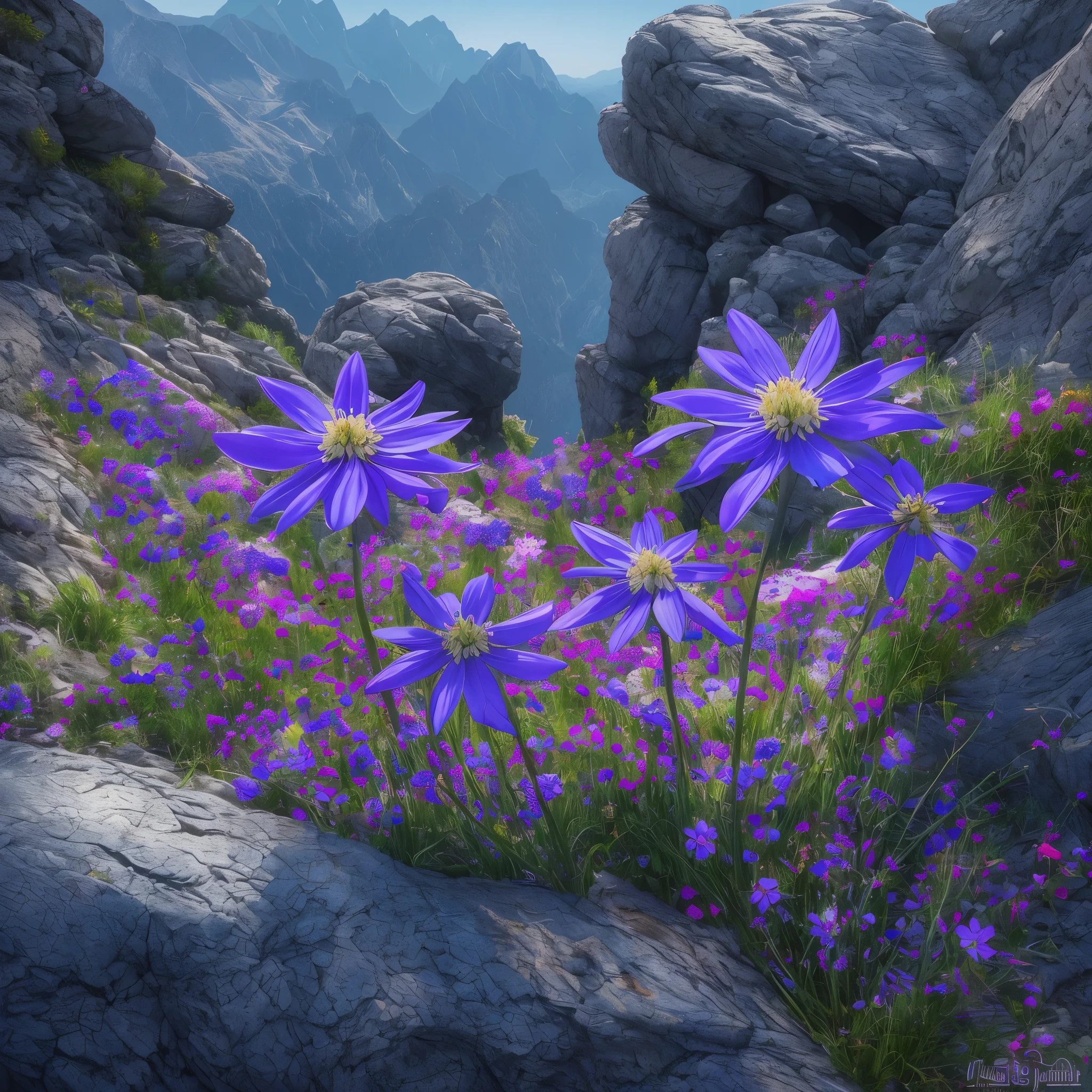 there are many purple flowers growing out of the rocks, a digital rendering by Anato Finnstark, flickr, hurufiyya, blue flowers bloomed all over, flowers with very long petals, mountainous area. rare flora, garis edelweiss, alien flora, chromostereopsis, mediumslateblue flowers, staggering in its beauty