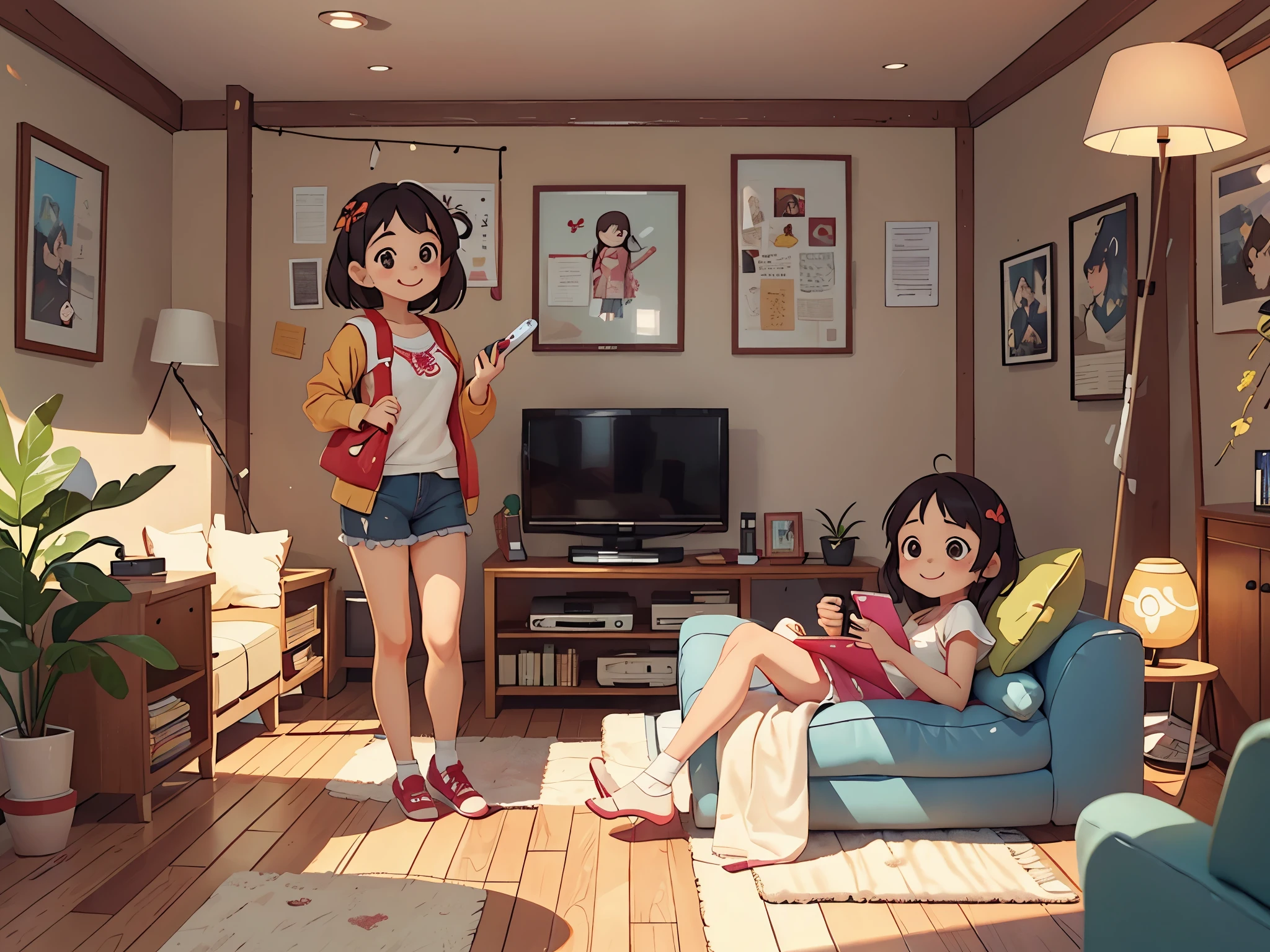 可爱的???坐在sofa上看television，Mom stood by，living room，television，sofa，remote control，Smile，Pixar style, best quality, stills,