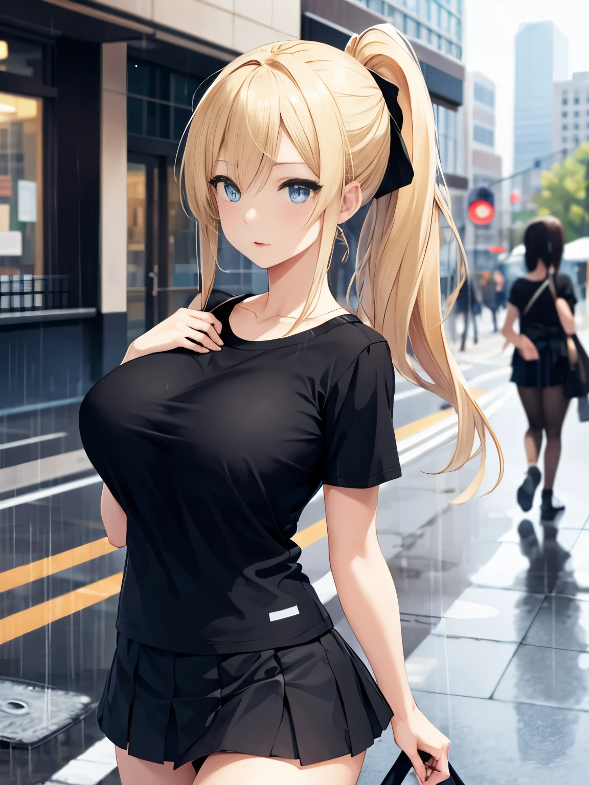 1woman,super beautiful,walk in the city,shocked expression, rainy, ponytail,half body photo,Focus on face,Beautiful eyes, very detailed face, HD face, perfect face,black t-shirt,black mini skirt,tennis skirt,Very big breasts,Blonde hair,long hair,bangs,blue eyes,ultra detail,ultra Hd, masterpiece,4k