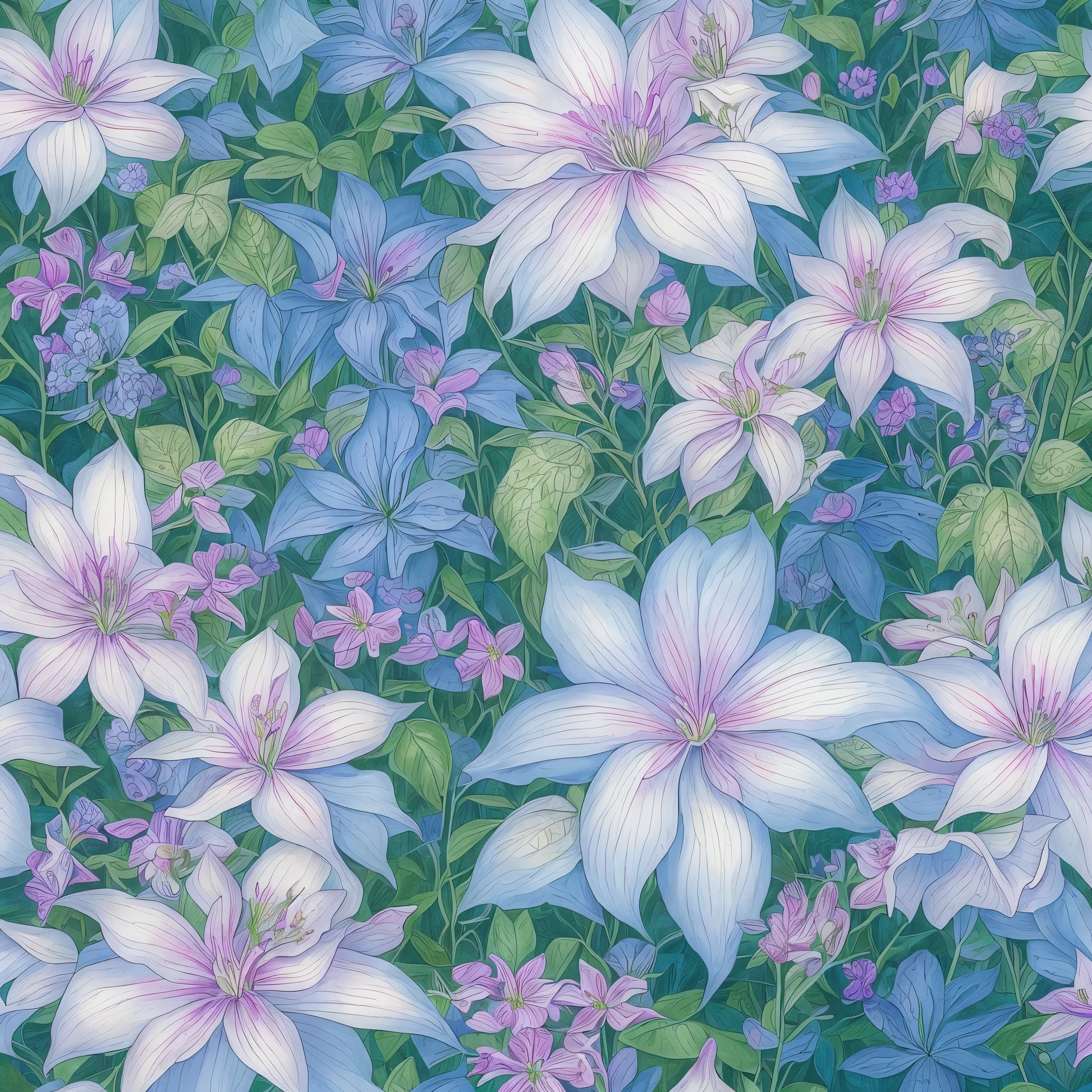 arafed blue and white flowers in a garden with green leaves, a pastel by Kristin Nelson, flickr, art nouveau, blue and white, white and blue, blue flowers bloomed all over, clematis like stars in the sky, blue! and white colors, stunningly beautiful, blue flowers, incredibly beautiful, beautiful!, white and pale blue, stunning!