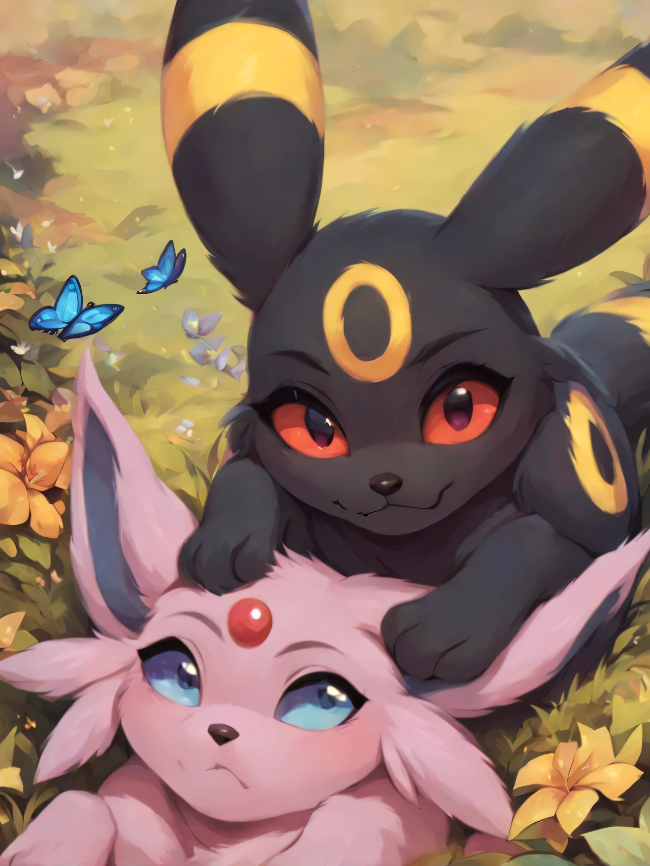 best quality, masterpiece, Umbreon with Jigglypuff, lesbian sex,Umbreon laying down, presence of female gentials, presence of breasts, Jigglypuff presence of female gentials, presence of breasts, Jigglypuff, (“touching”) Umbreon’s female gentials