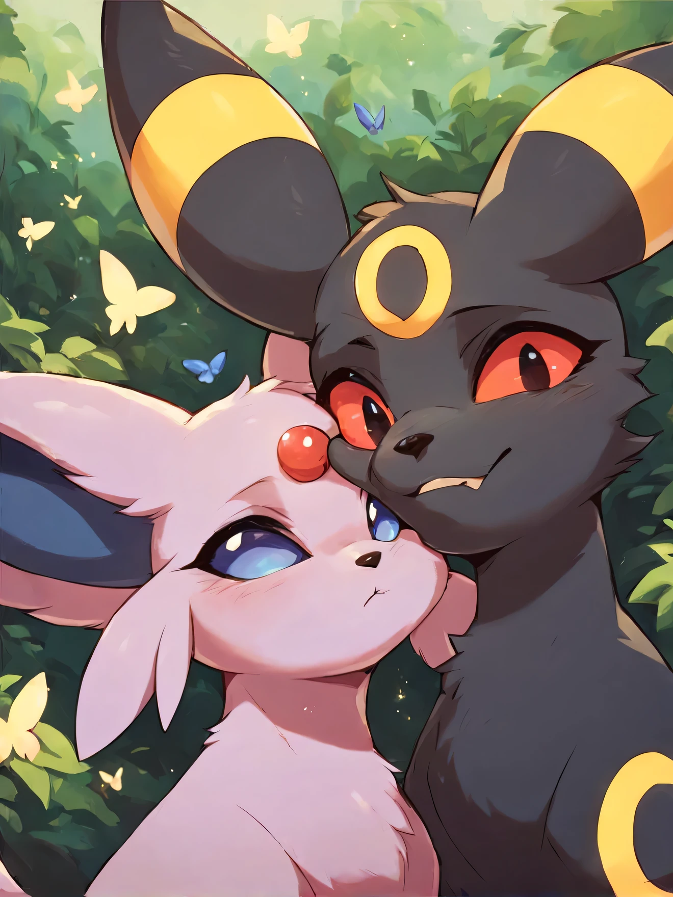 score_9, score_8_up, score_7_up, score_6_up, score_5_up, score_4_up,pokemon,espeon,umbreon,feral,2girls,furry,cheek to cheek,face to face,looking together,a butterfly landed on  one's nose，outdoor