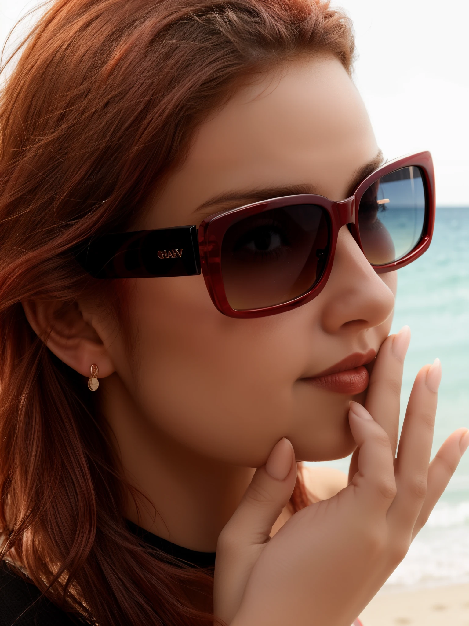 red hair woman with black sunglasses, touching her lips softly, blush, wavy red hair, beach sand background, blur background, deep black sunglasses, designer sunglasses, sunglasses on, wearing black top, wearing black bikini, shades, middle close up shot, glossy surface, middle close up, closeup shot, dark shades, close up shot from the side, perfect skin, textured skin,