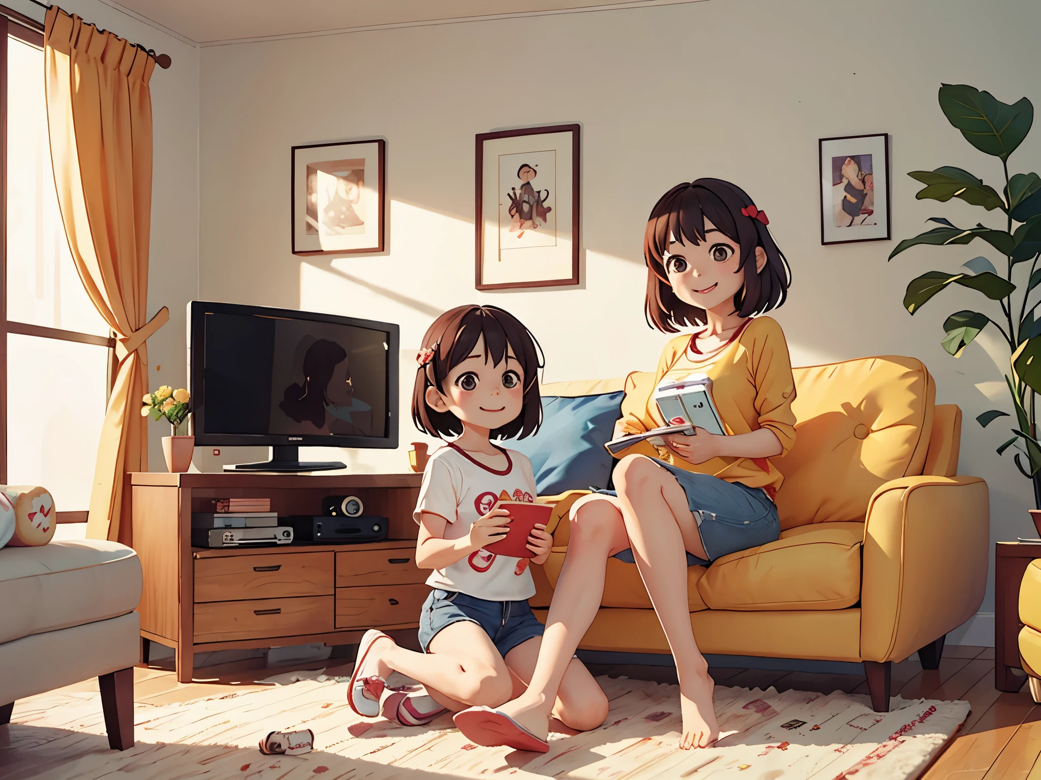 可爱的小女孩坐在sofa上看television,Mom stood by,living room,television,sofa,remote control,Smile,Pixar style, best quality, stills,