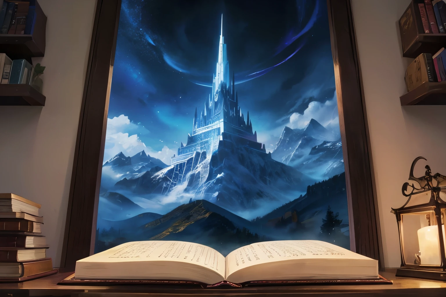 masterpiece, epic, anime, mountain, night, spell book, light from book