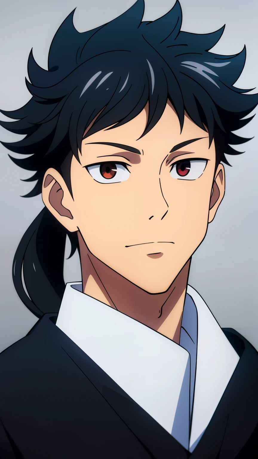 (high-quality, breathtaking),(expressive eyes, perfect face) 1boy, male, solo, teenager, black hair, red eye color, medium hair length, looking at viewer, half body, bright smile, kind face, calm expression, tanned skin, dark black blue long sleeved shirt, collared shirt, dark black blue pants, jujutsu kaisen uniform, jujutsu high school uniform, wavy hair, grey background, portrait, Itadori inspired
