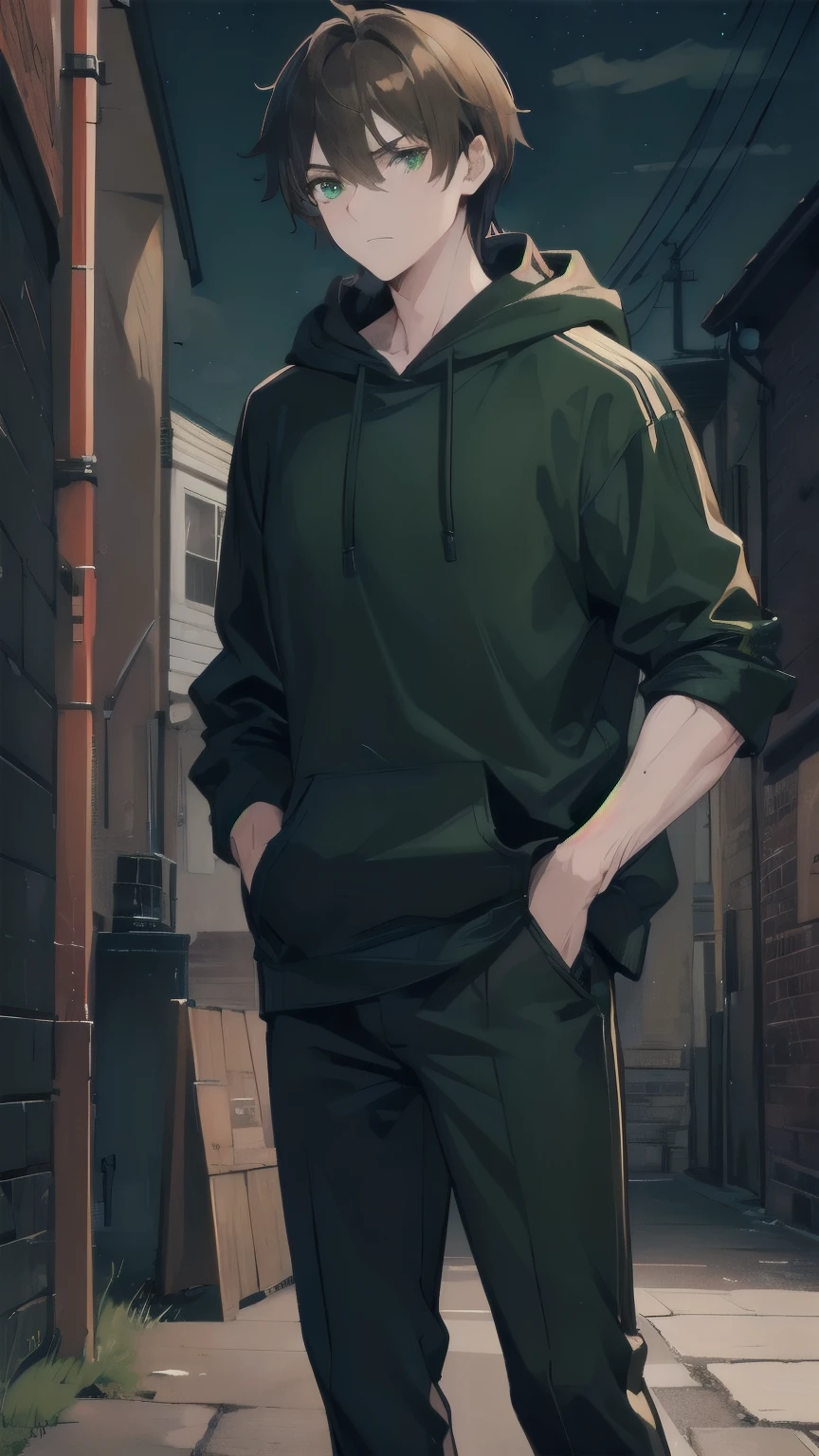 (((A Man))) brown hair, green eyes, black hoodie, athletic body, badass, cool, gentle, standing in a dark alley, ((night)).