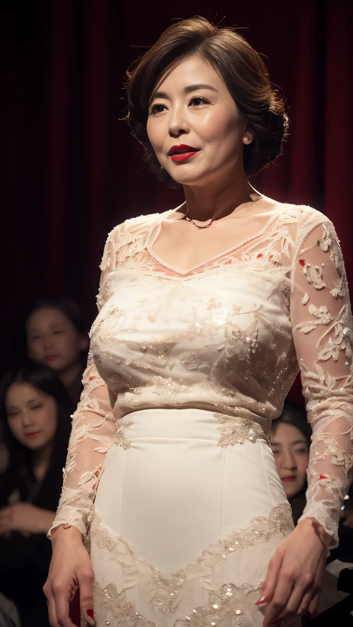 in the spotlight, photorealistic, gravure, facing forward, ((red lips)), flashy makeup, from the chest up, masterpiece, highest quality, Super detailed, realistic, super dense skin, perfect anatomy, (1 Japan), (alone), 120 years old, big breasts, mature politician, Glamour, sexy, pure white skin, looking at the viewer,
