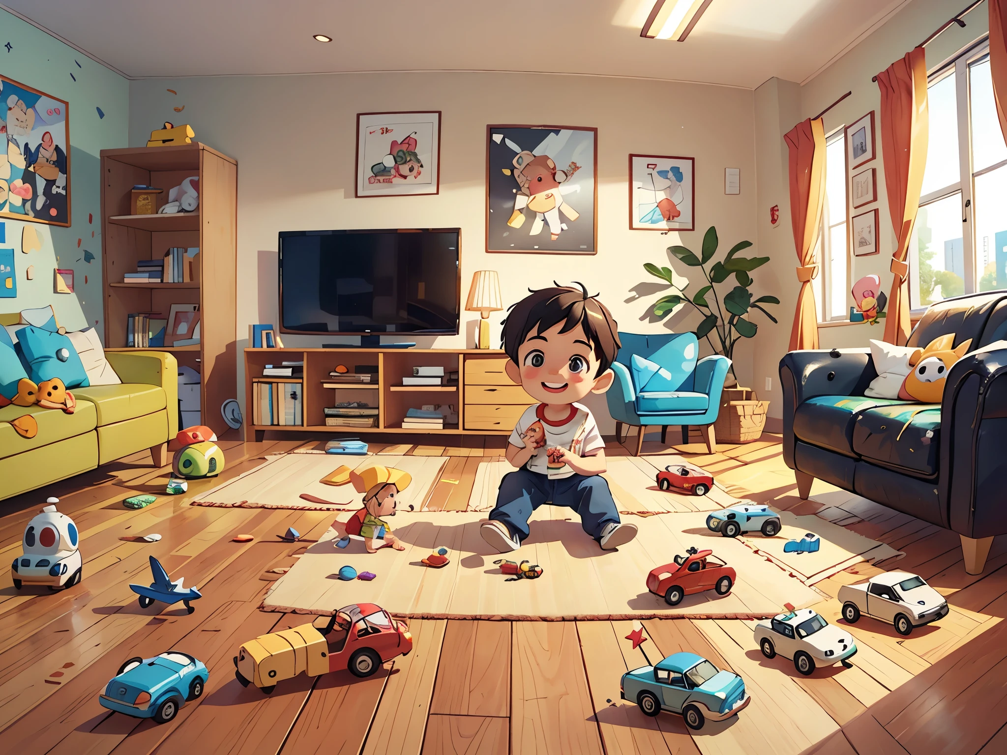 可爱的little boy在玩玩具,Toys are messy all over the floor,Mother,,Put away toys,Airplane toys,car toys,various toys,living room,floor,Smile,Pixar style, best quality, stills,